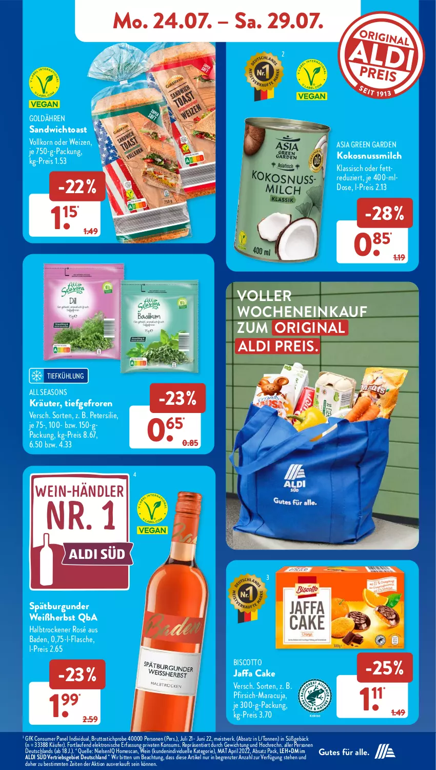 Aktueller Prospekt AldiSud - NÄCHSTE WOCHE - von 24.07 bis 29.07.2023 - strona 11 - produkty: aldi, Asia Green Garden, Bad, biscotto, brut, burgunder, eis, Elektro, elle, flasche, gin, HP, kokos, kokosnuss, Kokosnussmilch, korn, kräuter, Laufen, maracuja, milch, nuss, petersilie, pfirsich, pril, reis, sandwich, spätburgunder, Ti, toast, wein, ZTE