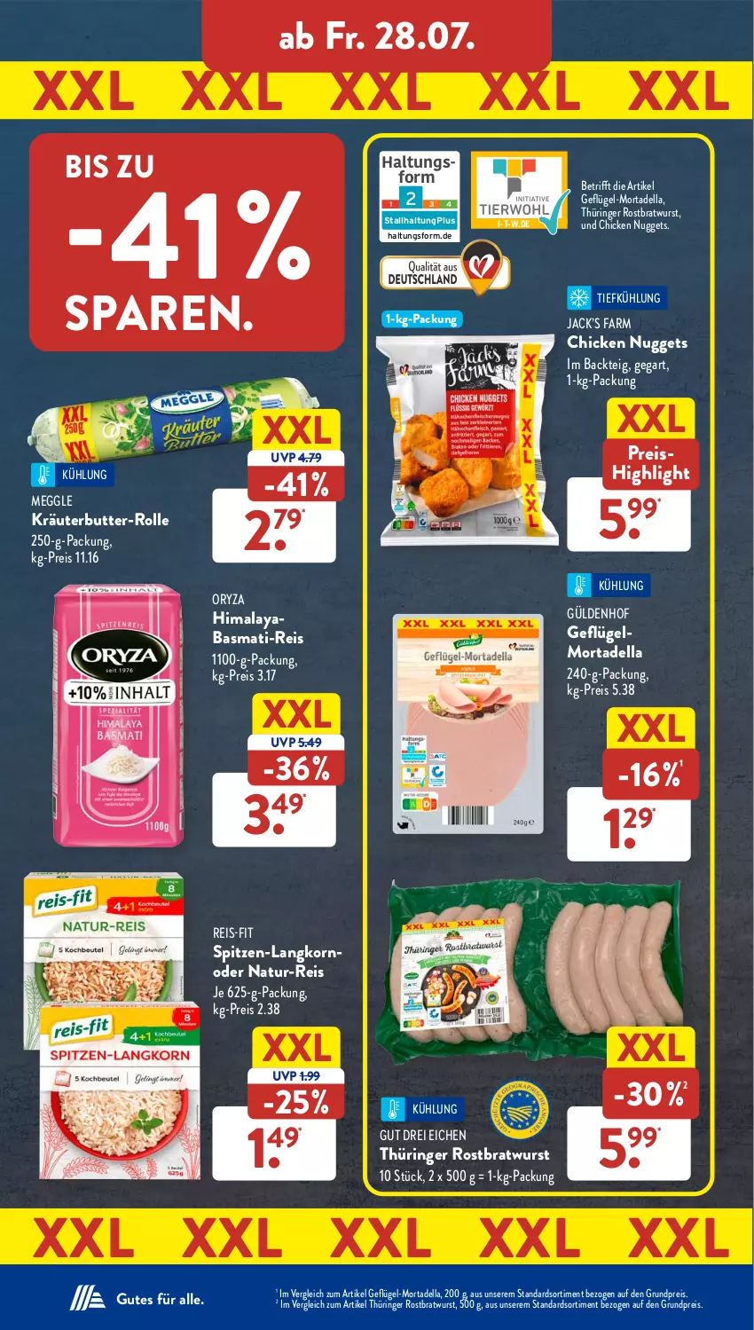 Aktueller Prospekt AldiSud - NÄCHSTE WOCHE - von 24.07 bis 29.07.2023 - strona 31 - produkty: basmati, basmati-reis, bratwurst, butter, chicken nuggets, dell, eis, Geflügel, korn, kräuter, kräuterbutter, meggle, mortadella, natur, natur-reis, nuggets, oryza, reis, reis-fit, ring, rostbratwurst, spitzen-langkorn, thüringer rostbratwurst, Ti, wurst