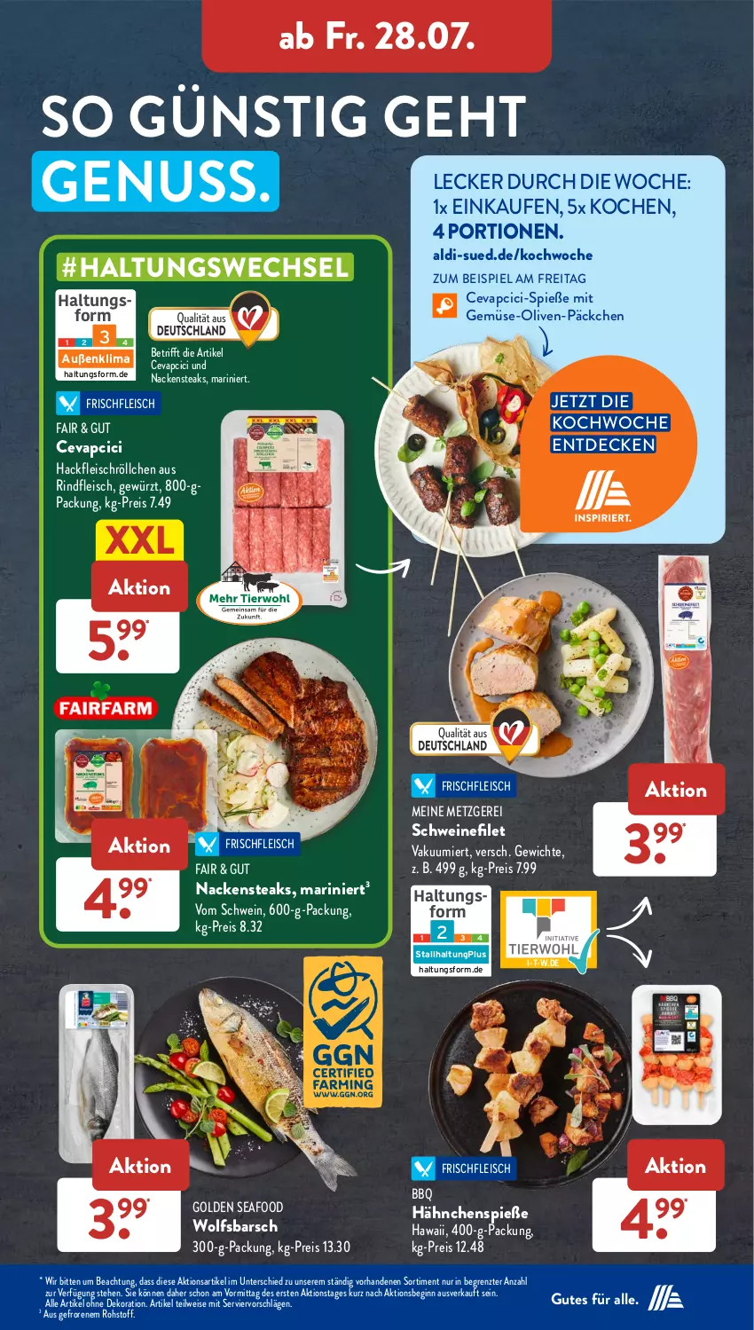 Aktueller Prospekt AldiSud - NÄCHSTE WOCHE - von 24.07 bis 29.07.2023 - strona 32 - produkty: aldi, alle artikel ohne dekoration, cevapcici, decke, dekoration, eis, filet, fleisch, gewürz, gin, gsw, hackfleisch, mit gemüse, Nackensteak, nackensteaks, nuss, olive, oliven, reis, rind, rindfleisch, schwein, schweine, schweinefilet, steak, steaks, Ti, wein, weine, wolfsbarsch, ZTE