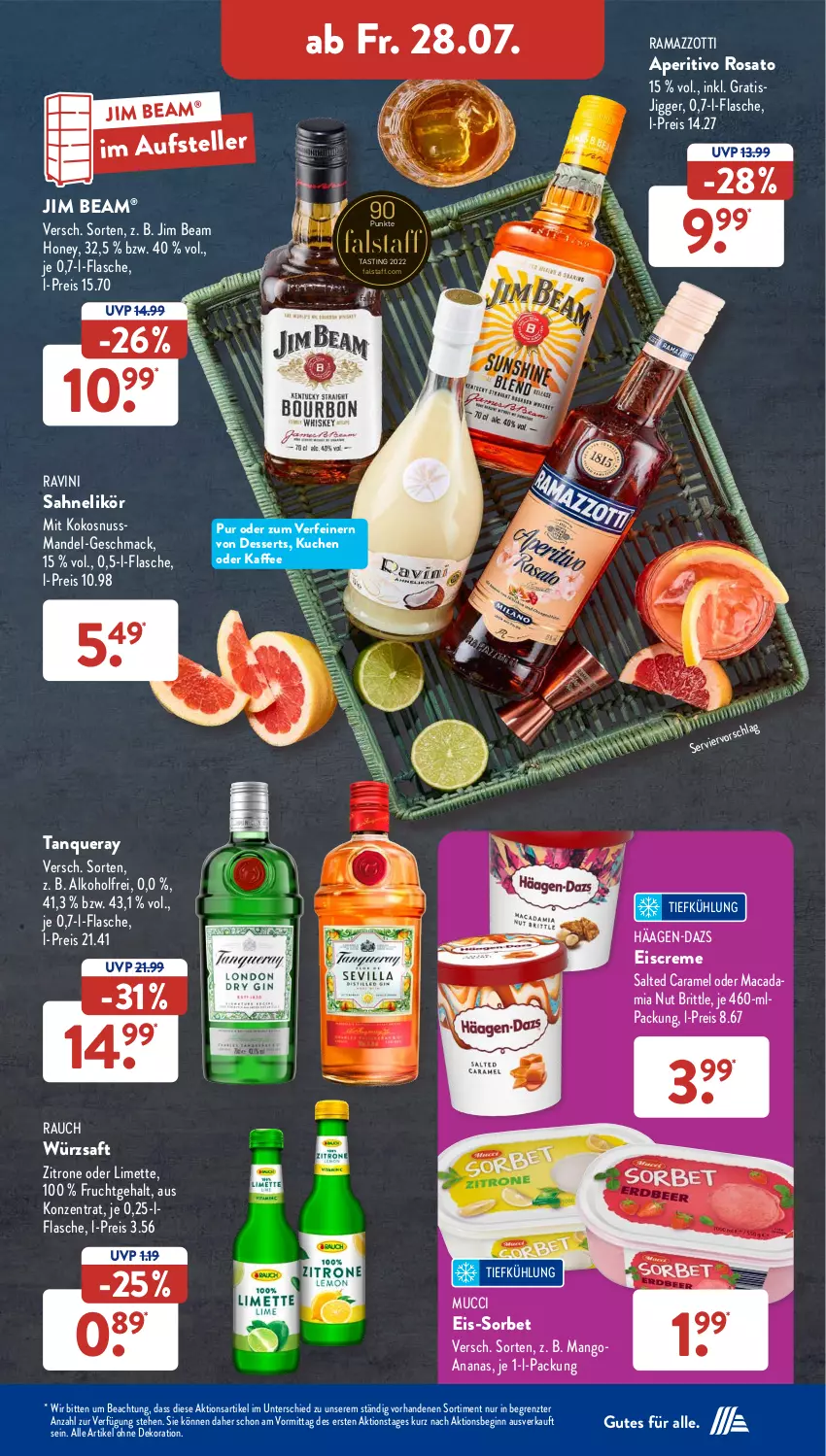 Aktueller Prospekt AldiSud - NÄCHSTE WOCHE - von 24.07 bis 29.07.2023 - strona 34 - produkty: alkohol, alle artikel ohne dekoration, ananas, aperitivo rosato, asti, caramel, creme, dekoration, dessert, desserts, eis, eiscreme, elle, flasche, frucht, gin, häagen-dazs, jim beam, kaffee, kokos, kokosnuss, kuchen, likör, limette, mac, macadamia, mandel, mango, Mett, nuss, rama, ramazzott, ramazzotti, Rauch, reis, rosato, saft, sahne, Sorbet, Tanqueray, teller, Ti, zitrone, zott, ZTE