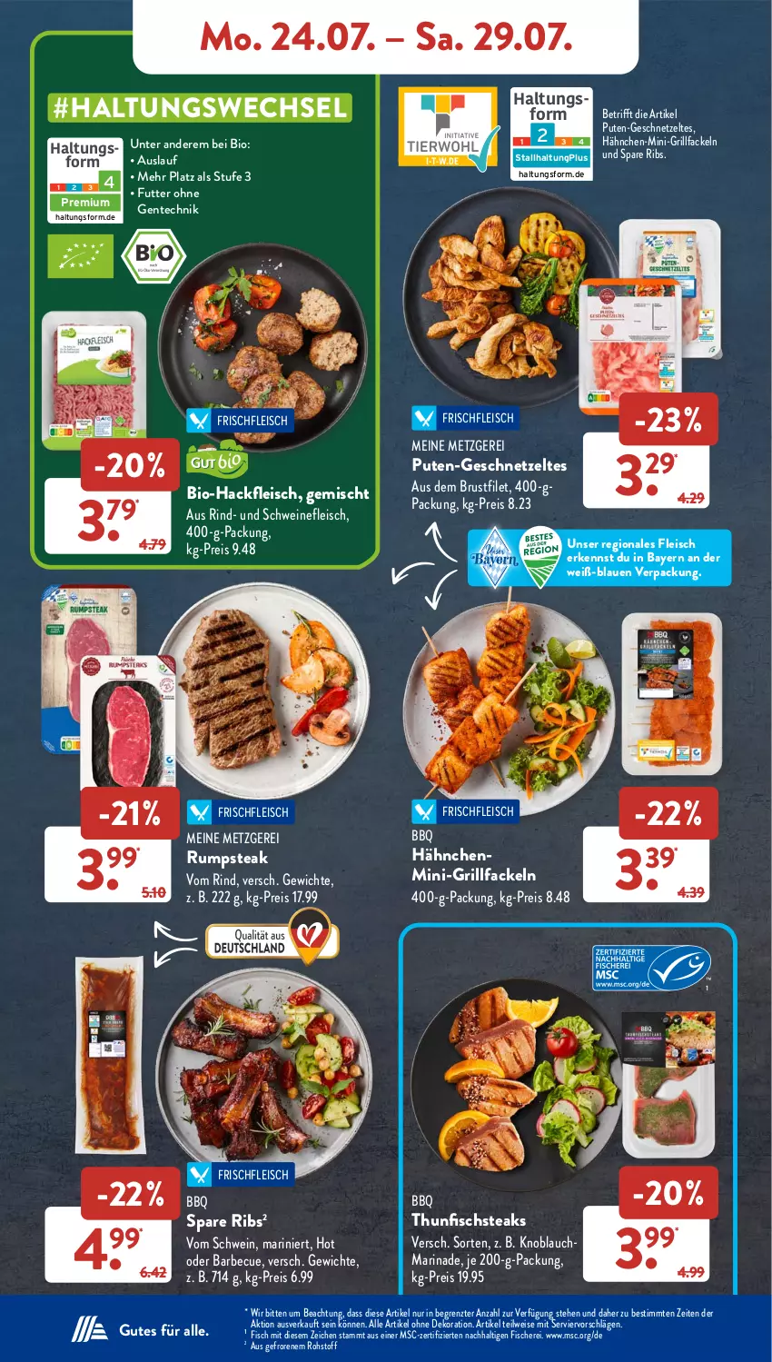 Aktueller Prospekt AldiSud - NÄCHSTE WOCHE - von 24.07 bis 29.07.2023 - strona 6 - produkty: alle artikel ohne dekoration, barbecue, bio, Bio-Hackfleisch, brustfilet, dekoration, eis, ente, filet, fisch, fische, Fischer, fleisch, geschnetzeltes, grill, grillfackeln, gsw, hackfleisch, knoblauch, marinade, pute, reis, rind, rum, rumpsteak, Schere, schwein, schweine, schweinefleisch, spare ribs, steak, steaks, thunfisch, Ti, wein, weine, Zelt, ZTE