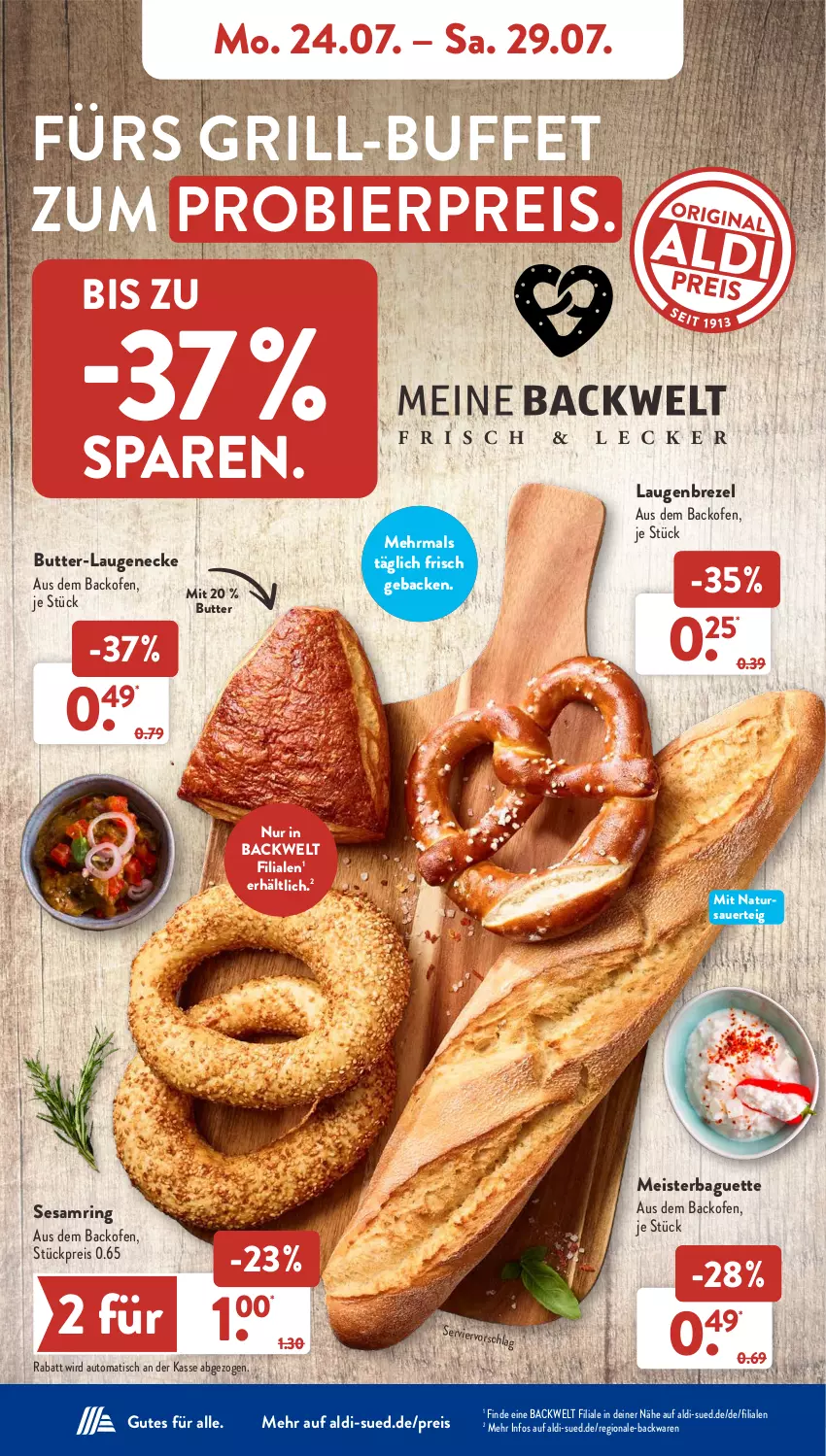 Aktueller Prospekt AldiSud - NÄCHSTE WOCHE - von 24.07 bis 29.07.2023 - strona 8 - produkty: aldi, auer, auto, backofen, backwaren, baguette, bier, brezel, butter, eis, geback, grill, Laugenbrezel, Laugeneck, Meister, natur, Ofen, reis, ring, sesam, Sesamring, Ti, tisch