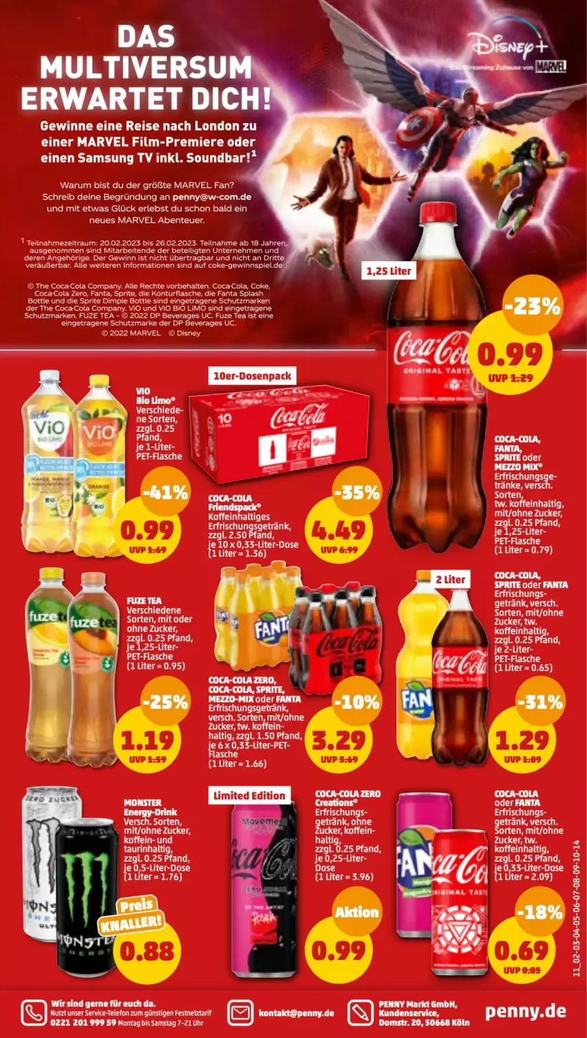 Aktueller Prospekt Penny - Prospekte - von 20.02 bis 25.02.2023 - strona 11 - produkty: ACC, bio, bio limo, coca-cola, cola, disney, eis, ente, erfrischungsgetränk, fanta, flasche, fuze tea, getränk, gewinnspiel, LG, limo, pet-flasche, reis, rum, Samsung, Samsung TV, soundbar, sprite, tee, Ti, uhr, zucker