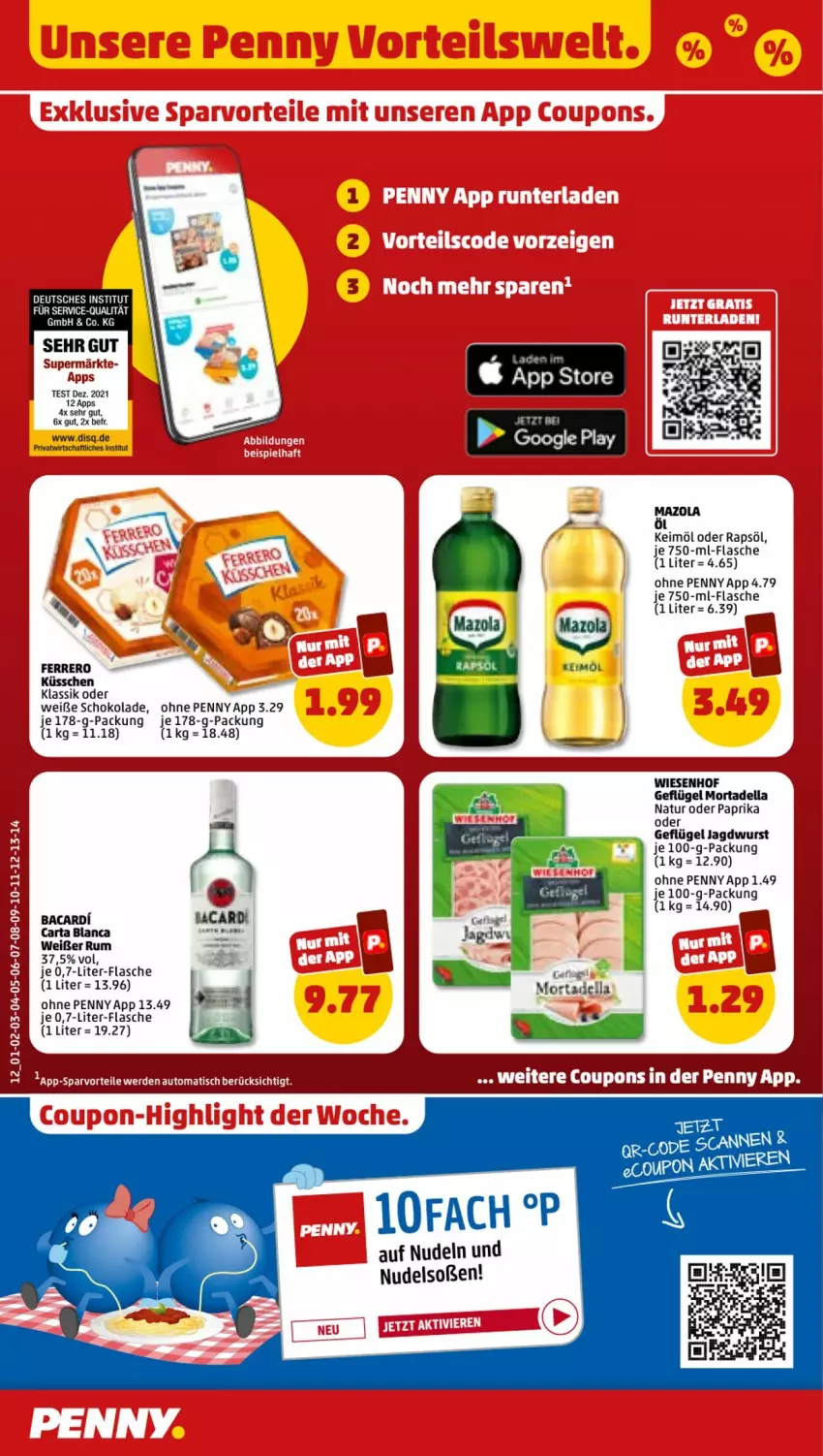 Aktueller Prospekt Penny - Prospekte - von 20.02 bis 25.02.2023 - strona 12 - produkty: bacardi, coupon, coupons, dell, ferrero, Ferrero Küsschen, flasche, Geflügel, jagdwurst, keimöl, mazola, mortadella, natur, paprika, rapsöl, rum, schoko, schokolade, Ti, Weiße Schokolade, wiesenhof, wurst