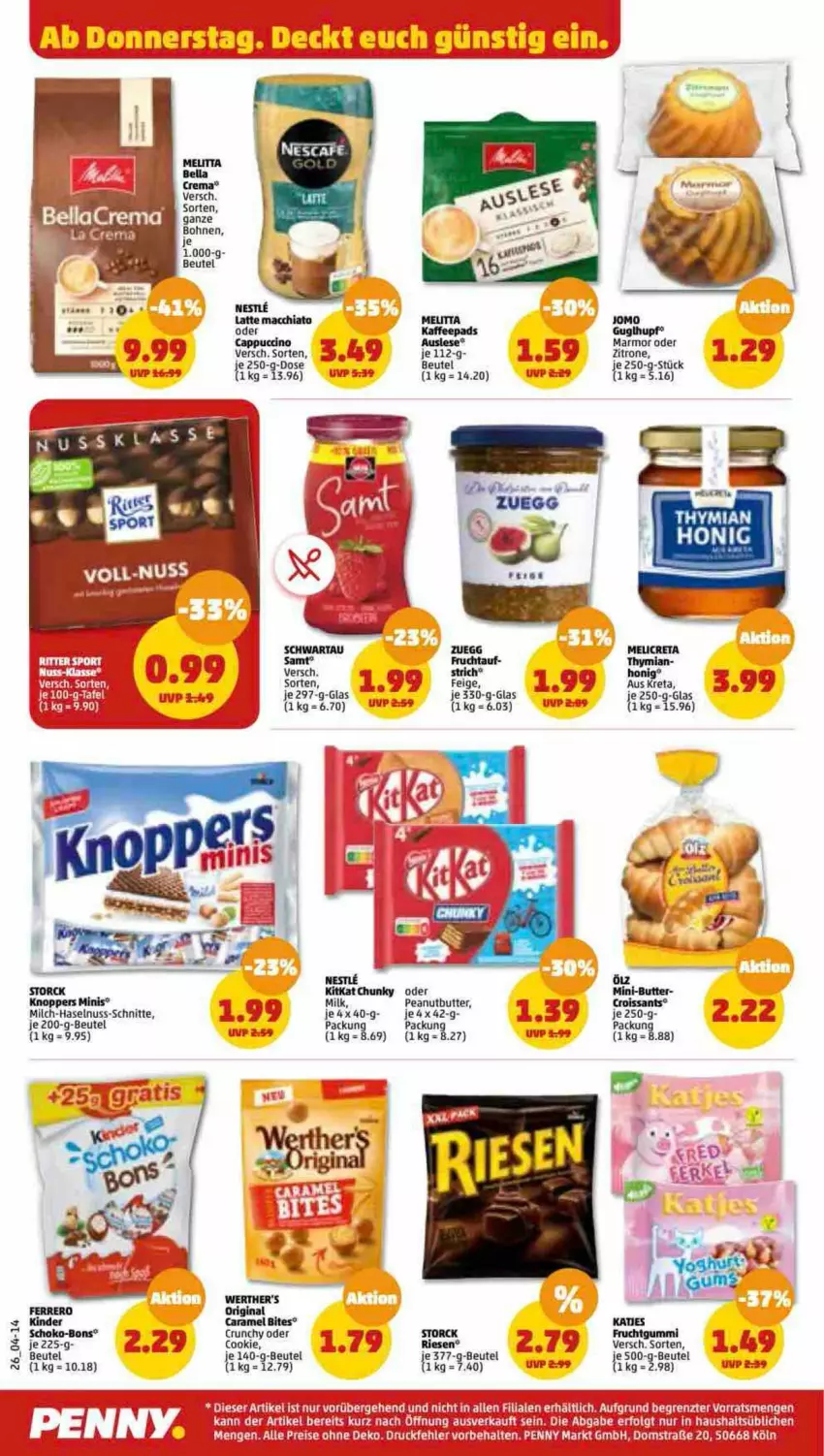 Aktueller Prospekt Penny - Prospekte - von 20.02 bis 25.02.2023 - strona 26 - produkty: ACC, beutel, bites, bohne, bohnen, butter, Cap, cappuccino, caramel, chia, cin, cookie, Croissant, croissants, frucht, gin, Guglhupf, haselnuss, honig, kaffee, kaffeepads, kitkat, knoppers, latte, latte macchiato, LG, mac, macchiato, melitta, milch, nuss, ritter, storck, Ti, uhr, werther's, zitrone, ZTE, zuegg