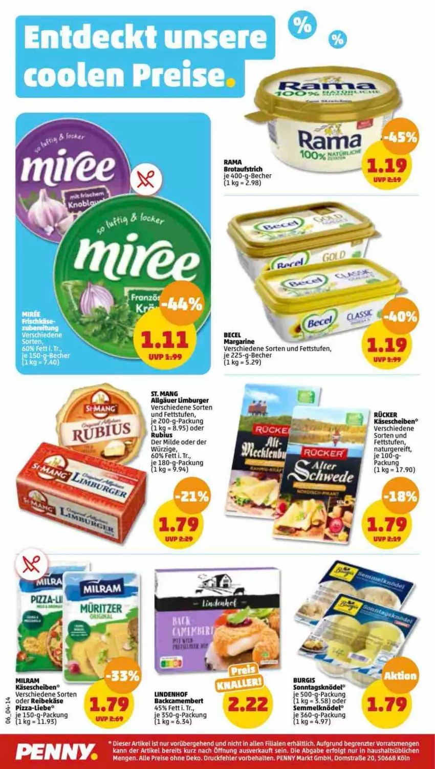 Aktueller Prospekt Penny - Prospekte - von 20.02 bis 25.02.2023 - strona 6 - produkty: aufstrich, becel, Becher, brot, brotaufstrich, burger, camembert, Käse, käsescheiben, Knödel, LG, Limburger, margarine, milram, natur, pizza, rama, Reibekäse, Semmel, Semmelknödel, St. Mang, Ti