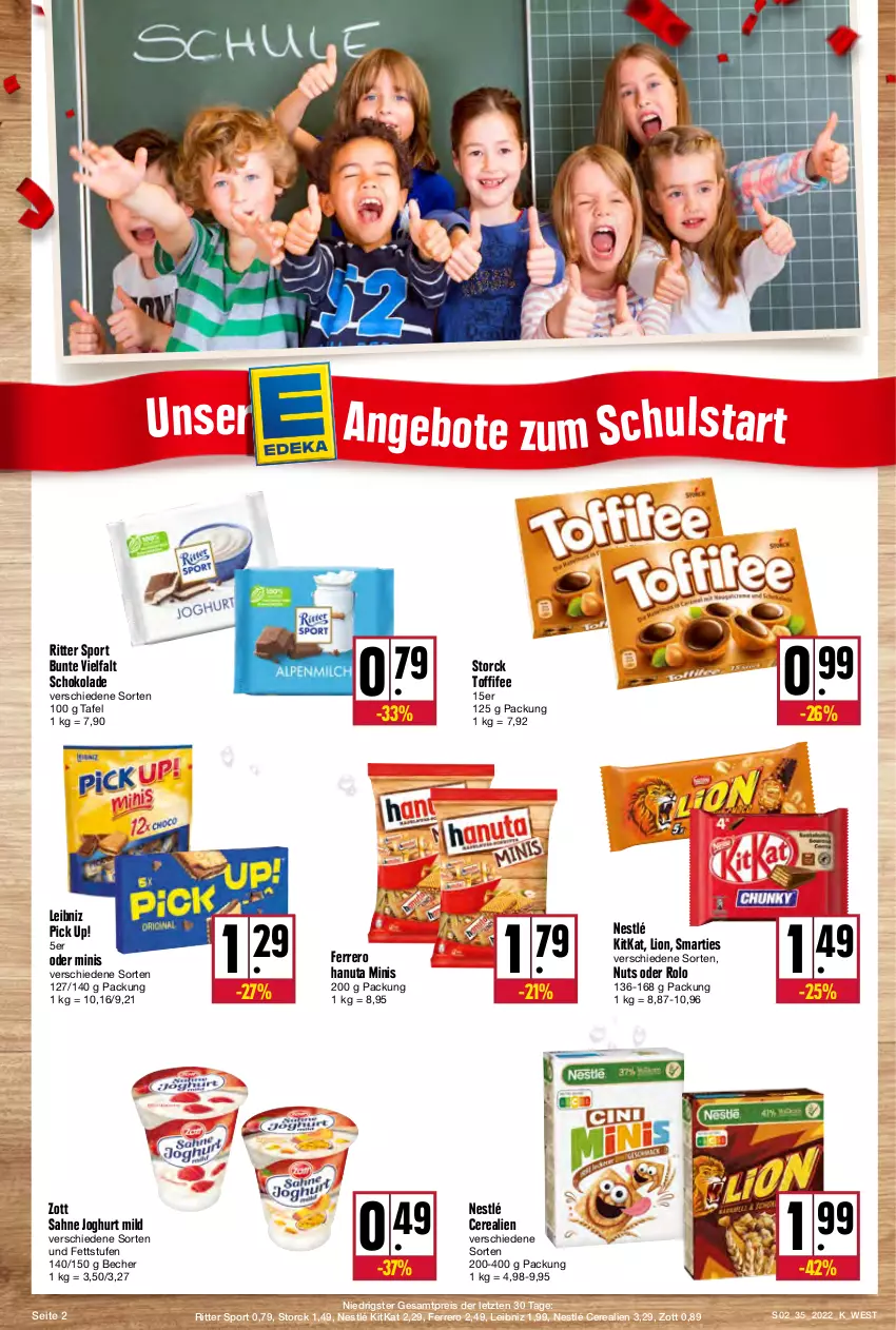 Aktueller Prospekt Kupsch - Angebote der Woche - von 29.08 bis 03.09.2022 - strona 2 - produkty: angebot, angebote, Becher, cerealien, eis, ferrero, hanuta, joghur, joghurt, joghurt mild, kitkat, leibniz, lion, nestlé, Pick Up!, reis, ritter, ritter sport, sahne, sahne joghurt, schoko, schokolade, smarties, Sport, storck, Ti, toffifee, zott, ZTE