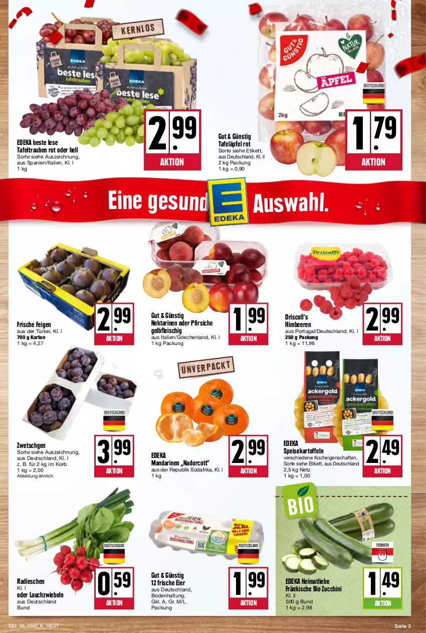 Aktueller Prospekt Kupsch - Angebote der Woche - von 29.08 bis 03.09.2022 - strona 3 - produkty: beere, beeren, bio, deka, eier, eis, Feigen, fleisch, himbeer, himbeere, himbeeren, kartoffel, kartoffeln, korb, Lauchzwiebel, lauchzwiebeln, mandarine, mandarinen, Nektar, nektarinen, nektarinen oder, oder pfirsiche, pfirsich, pfirsiche, radieschen, speisekartoffeln, tafeläpfel, tafeltrauben, Ti, trauben, zucchini, zwiebel, zwiebeln