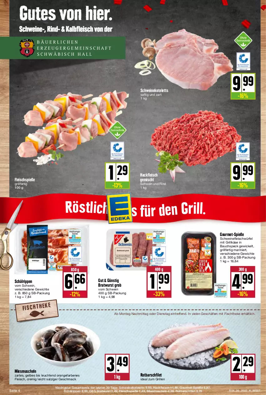 Aktueller Prospekt Kupsch - Angebote der Woche - von 29.08 bis 03.09.2022 - strona 4 - produkty: Bau, bratwurst, eis, filet, fisch, fischtheke, fleisch, Fleischspieße, grill, Grillkäse, hackfleisch, hackfleisch gemischt, ideal zum grillen, Kalbfleisch, Käse, kotelett, Leuchte, leuchten, mac, Muscheln, orange, reis, rind, Rippen, Rotbarsch, rotbarschfilet, saft, salz, schwein, schwein und rind, schweine, schweinefleisch, schweinekotelett, Speck, Ti, wein, weine, WICK, würfel, wurst, ZTE