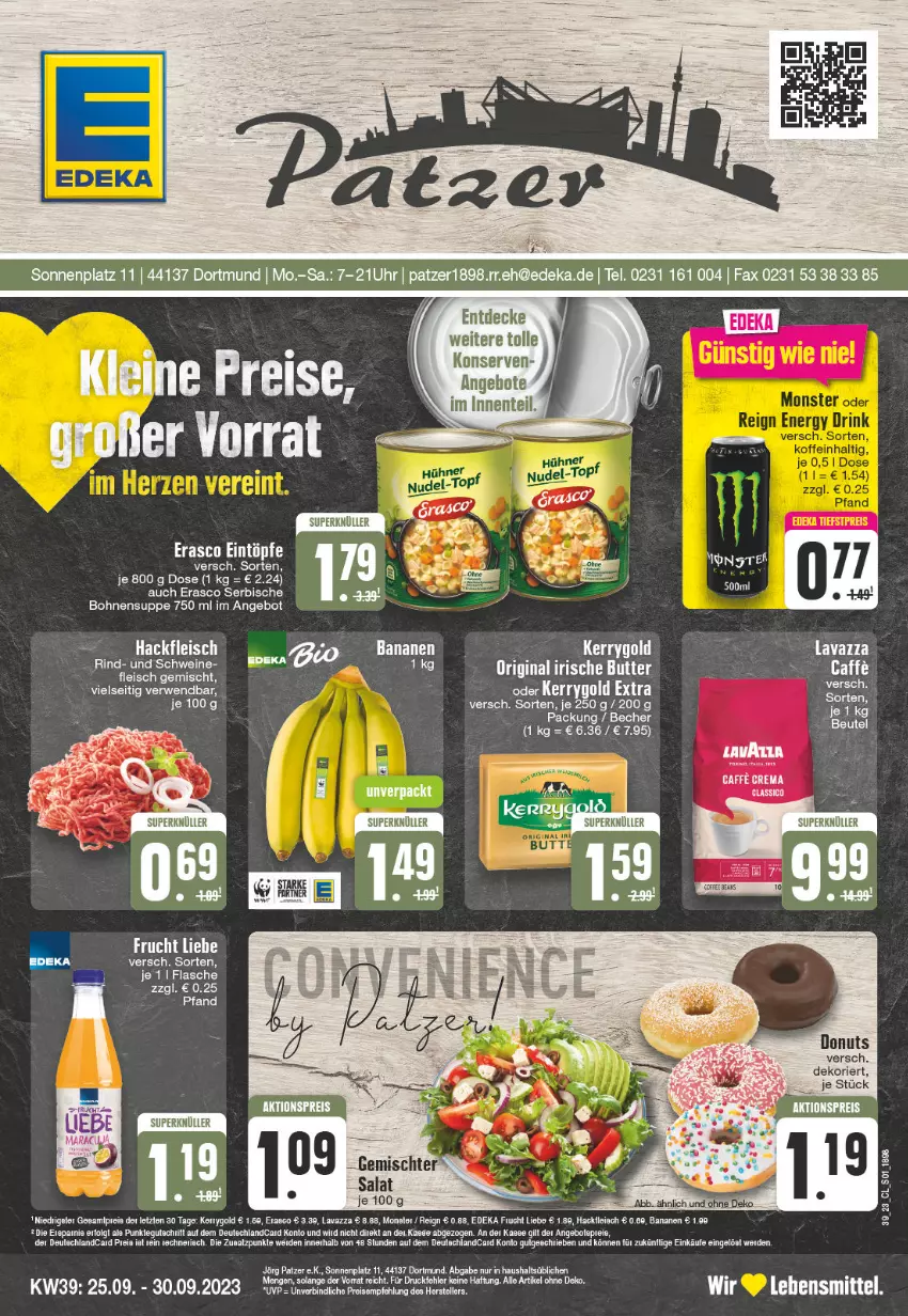 Aktueller Prospekt Edeka - Angebote der Woche - von 25.09 bis 30.09.2023 - strona 1 - produkty: aeg, angebot, angebote, banane, bananen, beutel, bohne, bohnen, butter, decke, Donut, donuts, eintöpfe, ente, erasco, erde, flasche, gin, irische butter, lebensmittel, rwe, suppe, tee, Ti