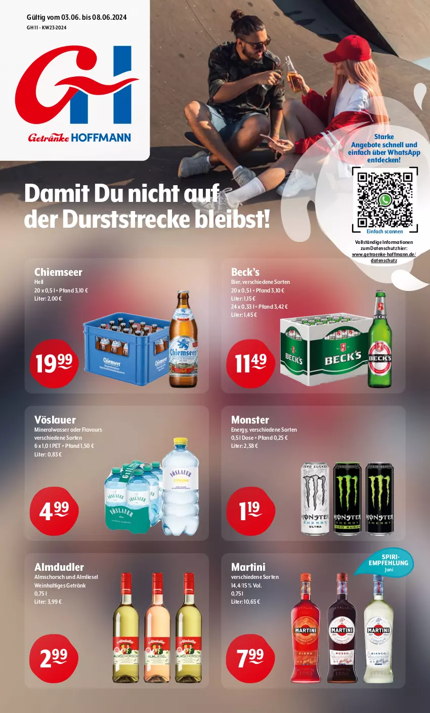 Aktueller Prospekt Getraenke Hoffmann - Prospekte - von 03.06 bis 08.06.2024 - strona 1 - produkty: almdudler, Alwa, angebot, angebote, auer, bier, decke, getränk, martini, mineralwasser, monster, Ti, vöslauer, wasser, wein