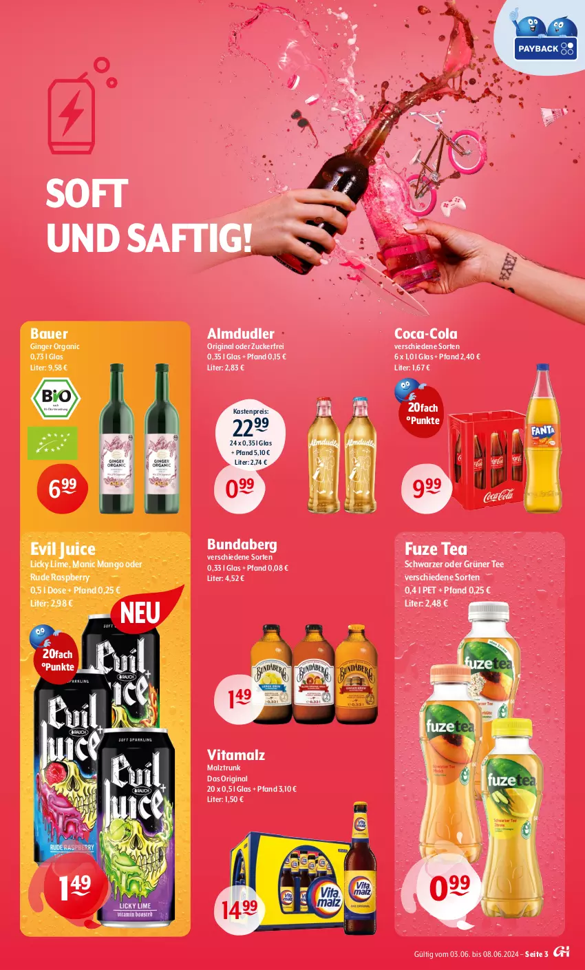 Aktueller Prospekt Getraenke Hoffmann - Prospekte - von 03.06 bis 08.06.2024 - strona 3 - produkty: almdudler, auer, Bau, Bauer, Bundaberg, coca-cola, cola, eis, fuze tea, gin, ginger, grüner tee, malz, mango, raspberry, reis, saft, tee, Ti, vita, vitamalz, zucker