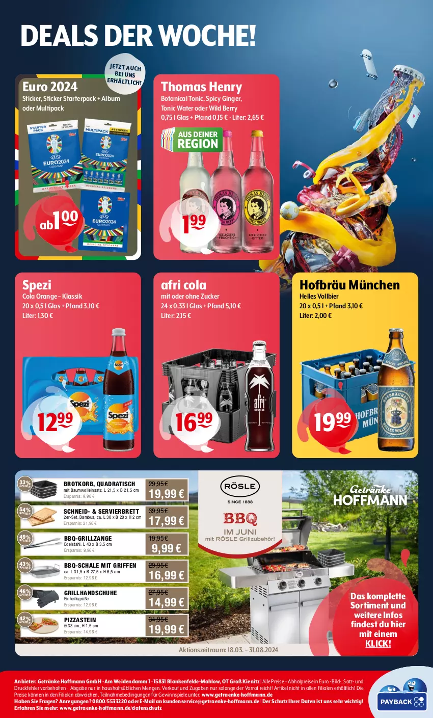 Aktueller Prospekt Getraenke Hoffmann - Prospekte - von 03.06 bis 08.06.2024 - strona 8 - produkty: abholpreise, Afri Cola, bambus, Bau, baumwolle, bier, brot, Brotkorb, cola, edelstahl, eis, elle, getränk, getränke, gewinnspiel, gin, ginger, grill, Grillhandschuhe, grillzange, handschuhe, korb, orange, pizza, quad, reis, Schal, Schale, schuhe, Spezi, Spiele, thomas henry, Ti, tisch, tonic, tonic water, Wild, wild berry, wolle, zucker