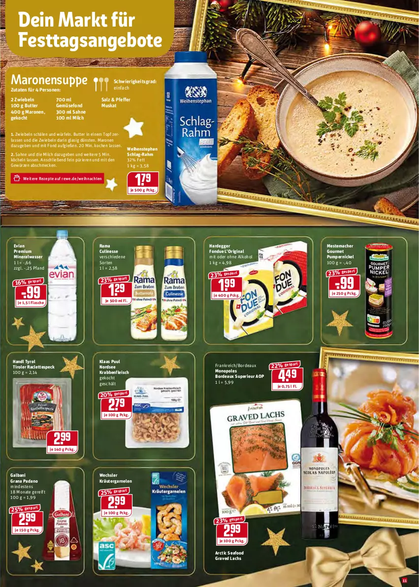 Aktueller Prospekt Rewe - REWE Ihr Kaufpark - von 13.12 bis 18.12.2021 - strona 11 - produkty: alkohol, Alwa, angebot, angebote, butter, culinesse, Egger, eis, flasche, fleisch, Fondue, galbani, garnelen, Gemüsefond, gewürz, gin, grana, grana padano, Graved Lachs, kräuter, lachs, mac, mestemacher, milch, mineralwasser, Nordsee, ohne alkohol, padano, pfeffer, Pumpernickel, rama, Rama Culinesse, Rana, rezept, rezepte, sahne, salz, Speck, suppe, Ti, topf, wasser, weihenstephan, weihnachten, würfel, zwiebel, zwiebeln