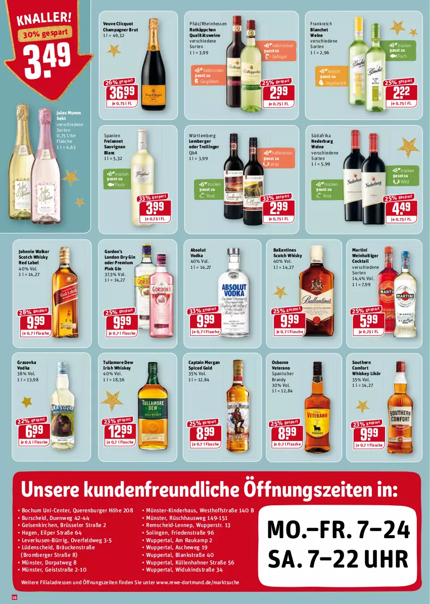 Aktueller Prospekt Rewe - REWE Ihr Kaufpark - von 13.12 bis 18.12.2021 - strona 16 - produkty: Absolut Vodka, ball, Berger, brut, burger, Cap, captain morgan, champagne, champagner, cocktail, dry gin, eis, ente, fisch, flasche, freixenet, Geflügel, gin, gordon, Gordon’s, grill, irish whiskey, johnnie walker, jules mumm, Kinder, likör, london dry, london dry gin, martini, mumm, nederburg, osborne, qualitätswein, qualitätsweine, rind, rotkäppchen, sauvignon, sauvignon blanc, scotch, scotch whisky, sekt, Southern Comfort, Ti, trolli, trollinger, tullamore, tullamore dew, uhr, Vegeta, veterano, vodka, wein, weine, whiskey, whisky, Wild