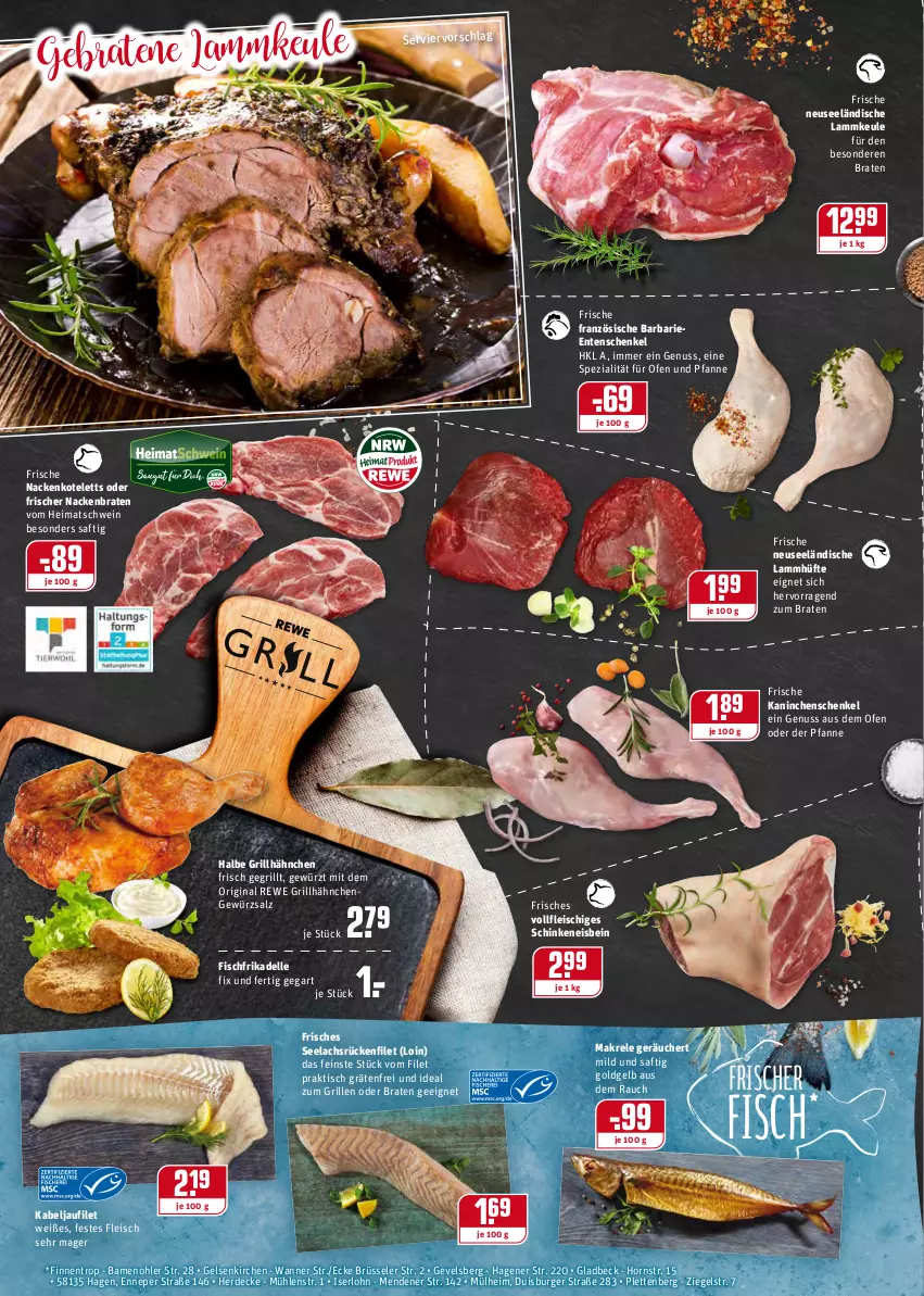 Aktueller Prospekt Rewe - REWE Ihr Kaufpark - von 13.12 bis 18.12.2021 - strona 4 - produkty: braten, burger, decke, dell, eis, elle, ente, Entenschenkel, erde, filet, fisch, fleisch, gewürz, gewürzsalz, gin, grill, grillhähnchen, henkel, ideal zum grillen, kabeljaufilet, Kaninchenschenkel, kotelett, lachs, lamm, lammkeule, Makrele, nackenkoteletts, nuss, Ofen, pfanne, Rauch, rel, saft, salz, schenkel, schinken, schwein, Spezi, Ti, tisch, und pfanne, Wanne, wein