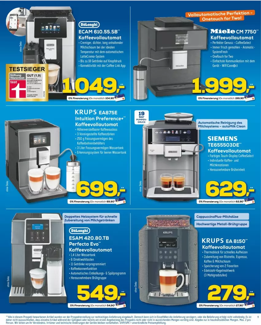 Aktueller Prospekt Euronics - Prospekte - von 15.06 bis 22.06.2022 - strona 9 - produkty: auto, Brühe, Cap, cappuccino, cin, elle, getränk, getränke, kaffee, kaffeevollautomat, krups, latte, LG, miele, milch, nuss, Reinigung, siemens, Ti, tisch, wasser, wassertank