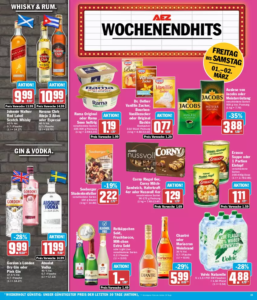 Aktueller Prospekt Aez - Prospekte - von 26.02 bis 02.03.2024 - strona 15 - produkty: Absolut Vodka, Berger, beutel, bourbon, bourbonvanille, chantré, corny, Dr. Oetker, dry gin, ecco, eintopf, eis, elle, ente, erasco, flasche, frucht, fruchtsecco, gin, gordon, hafer, Havana Club, jacobs, johnnie walker, kraft, london dry, london dry gin, mariacron, Meister, meisterröstung, milch, natur, nuss, rama, reis, rel, Ria, riegel, rotkäppchen, rum, sandwich, scotch, scotch whisky, seeberger, sekt, studentenfutter, suppe, Ti, topf, vanille, vodka, volvic, wein, weinbrand, whisky, ZTE, zucker