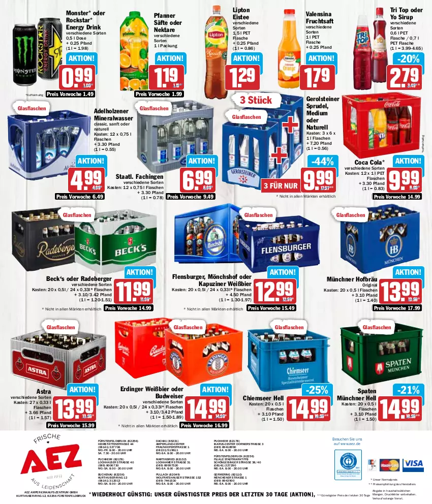 Aktueller Prospekt Aez - Prospekte - von 26.02 bis 02.03.2024 - strona 16 - produkty: adelholzener, AEZ, Alwa, Astra, Berger, bier, bio, buch, budweiser, burger, cola, drink, drucker, eis, eistee, elle, energy drink, Engel, ente, erdinger, fisch, flasche, flensburger, frucht, fruchtsaft, Germ, gerolsteine, gerolsteiner, gin, glasflasche, Holz, kerze, lipton, mineralwasser, mönchshof, monster, natur, Nektar, perla, pfanne, Pfanner, radeberger, reis, rel, ring, Rockstar, rum, saft, säfte, sirup, Spaten, Sprudel, Staatl. Fachingen, steiner, tee, teller, Ti, uhr, valensina, wasser, Yo, ZTE