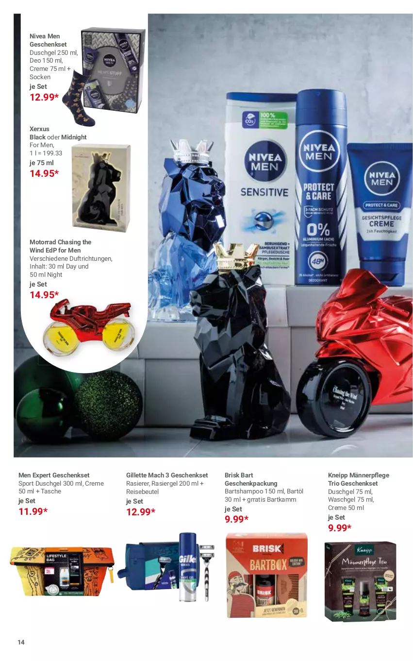 Aktueller Prospekt Globus - Prospekte - von 28.11 bis 24.12.2022 - strona 14 - produkty: beutel, creme, deo, duschgel, eis, geschenkpackung, geschenkset, gillette, kneipp, lack, mac, nivea, Nivea Men, rasierer, rasiergel, reis, shampoo, socken, Sport, Tasche, Ti, waschgel