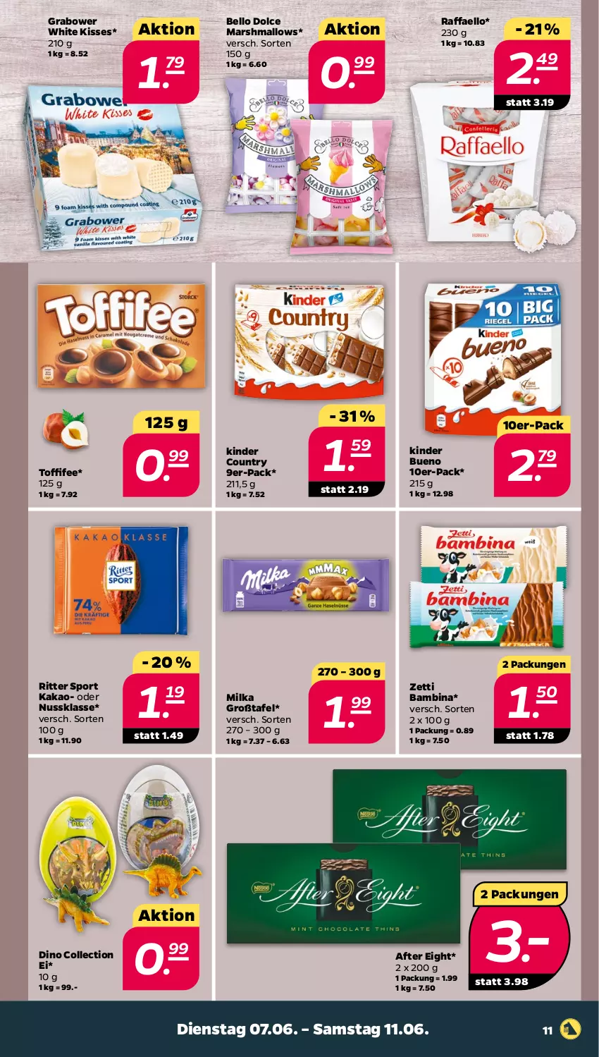 Aktueller Prospekt Netto - Angebote ab Montag - von 07.06 bis 11.06.2022 - strona 11 - produkty: after eight, kakao, Kinder, kinder bueno, kinder country, mars, milka, nuss, raffaello, ritter, ritter sport, Sport, Ti, toffifee