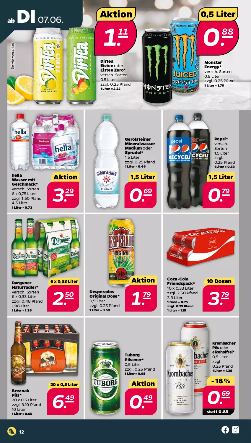 Aktueller Prospekt Netto - Angebote ab Montag - von 07.06 bis 11.06.2022 - strona 12 - produkty: alkohol, Alwa, coca-cola, cola, desperados, eis, eistee, gerolsteine, gerolsteiner, gin, hella, krombache, krombacher, krombacher pils, mac, mineralwasser, Mineralwasser Medium, monster, Monster Energy, natur, pepsi, pils, pilsener, radler, Sprudel, steiner, tee, Ti, wasser