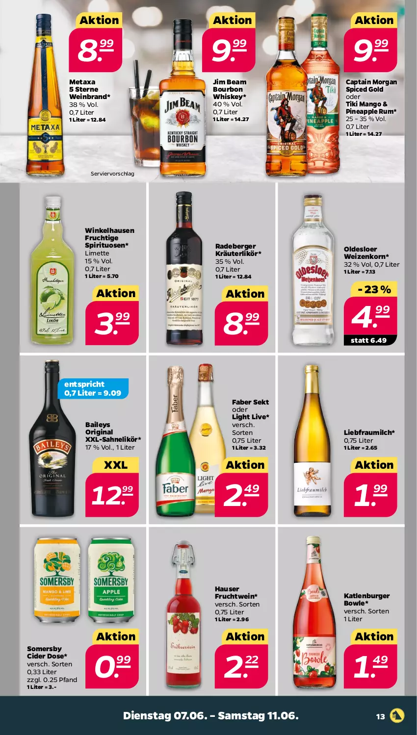 Aktueller Prospekt Netto - Angebote ab Montag - von 07.06 bis 11.06.2022 - strona 13 - produkty: Apple, baileys, Berger, bourbon, bourbon whiskey, bowle, burger, Cap, captain morgan, cider, frucht, gin, jim beam, katlenburger, korn, kräuter, kräuterlikör, likör, limette, mango, Metaxa, Mett, milch, oldesloer, radeberger, rum, sahne, sekt, somersby, spirituosen, Ti, wein, weinbrand, weizenkorn, whiskey, winkelhausen