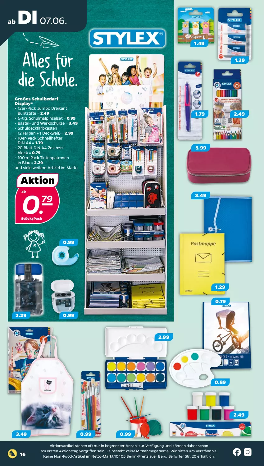 Aktueller Prospekt Netto - Angebote ab Montag - von 07.06 bis 11.06.2022 - strona 16 - produkty: auer, buntstifte, deckfarbkasten, din a4, Hefte, jumbo, LG, Pinsel, Pinselset, Schnellhefter, Schürze, stifte, Ti, Tintenpatrone, zeichenblock, ZTE