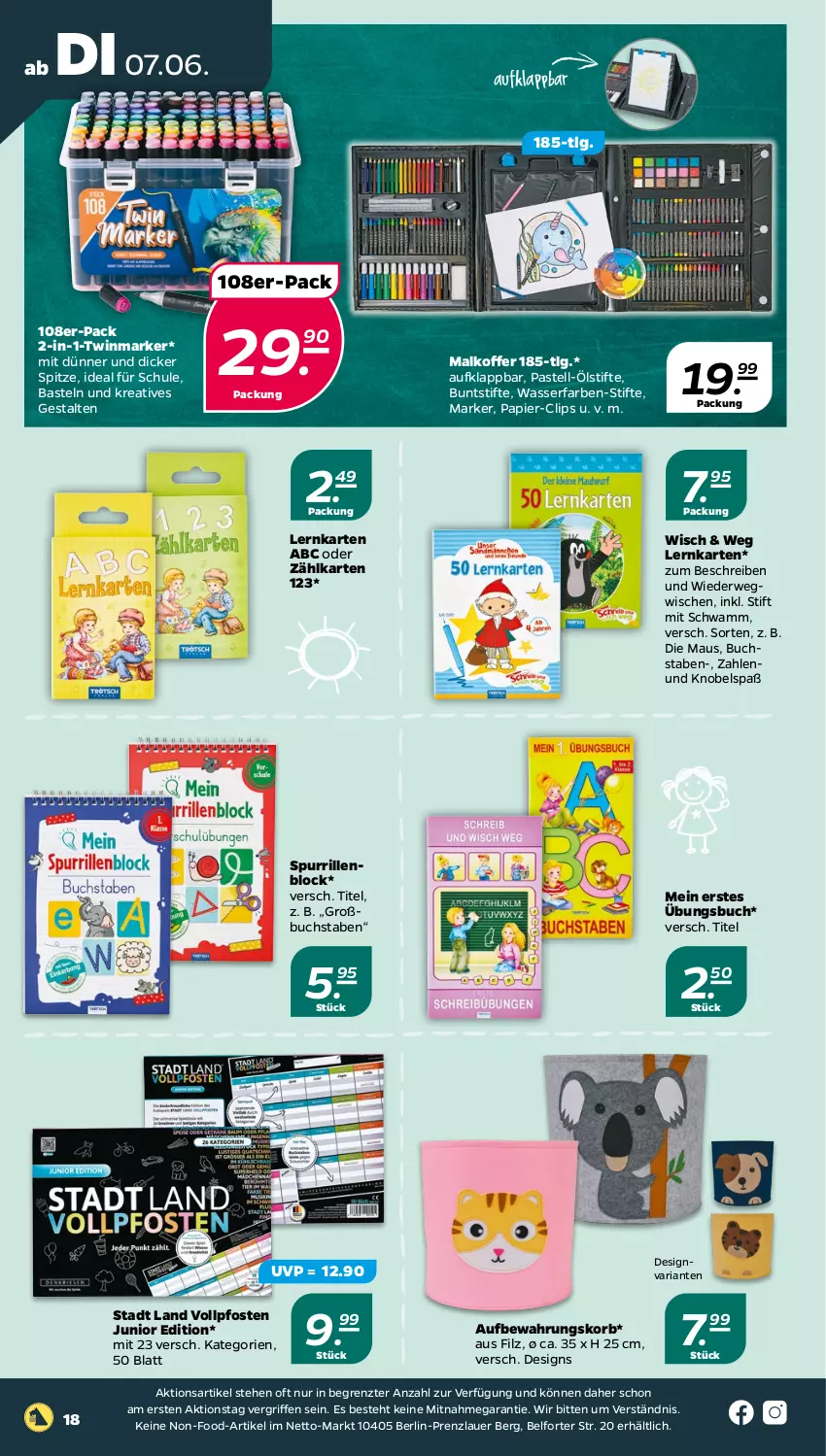 Aktueller Prospekt Netto - Angebote ab Montag - von 07.06 bis 11.06.2022 - strona 18 - produkty: auer, buch, buntstifte, koffer, korb, LG, Maus, papier, Ria, rwe, schwamm, stifte, Ti, wasser, ZTE