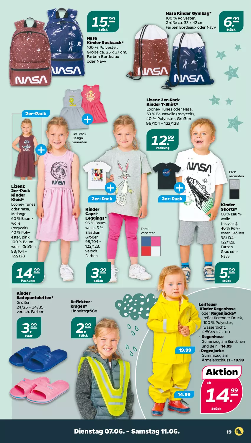 Aktueller Prospekt Netto - Angebote ab Montag - von 07.06 bis 11.06.2022 - strona 19 - produkty: Bad, Bau, baumwolle, Cap, Elan, gin, hose, Jacke, Kinder, kleid, leggings, pantolette, pantoletten, pril, Ria, rucksack, sac, shirt, shorts, T-Shirt, Ti, Tiere, wasser, wolle