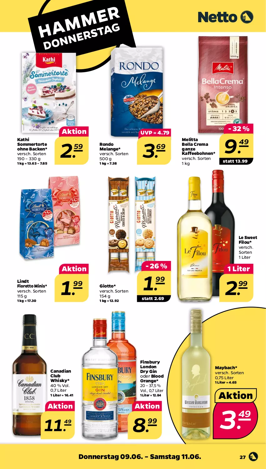 Aktueller Prospekt Netto - Angebote ab Montag - von 07.06 bis 11.06.2022 - strona 27 - produkty: bella crema, bohne, bohnen, dry gin, Elan, finsbury, gin, giotto, kaffee, kaffeebohnen, lindt, london dry, london dry gin, maybach, melitta, orange, Ti, torte, whisky