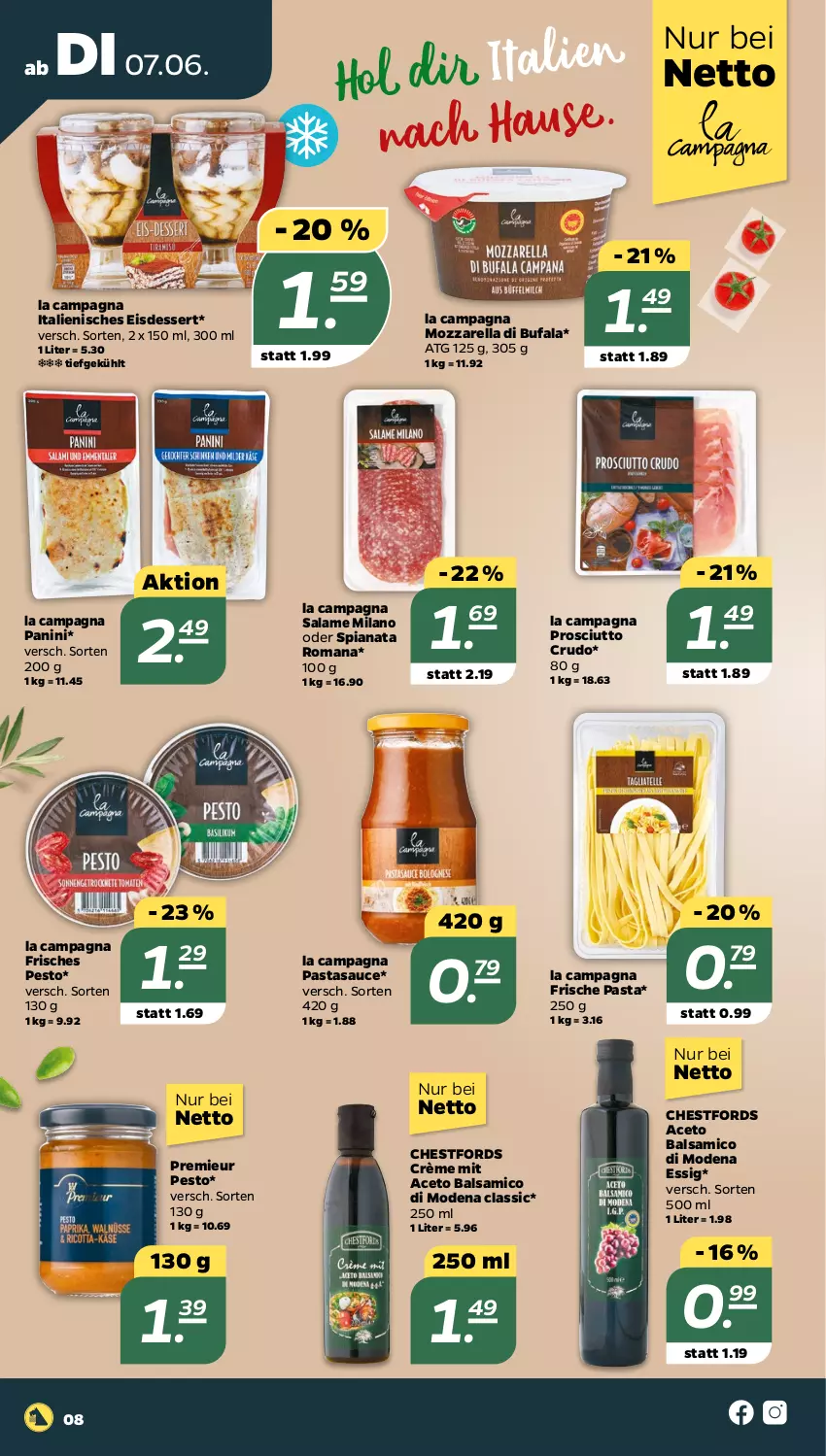 Aktueller Prospekt Netto - Angebote ab Montag - von 07.06 bis 11.06.2022 - strona 8 - produkty: aceto, aceto balsamico, balsam, balsamico, dessert, di bufala, eis, essig, Frische Pasta, Mode, mozzarella, pasta, pesto, prosciutto, prosciutto crudo, rel, sauce, Ti