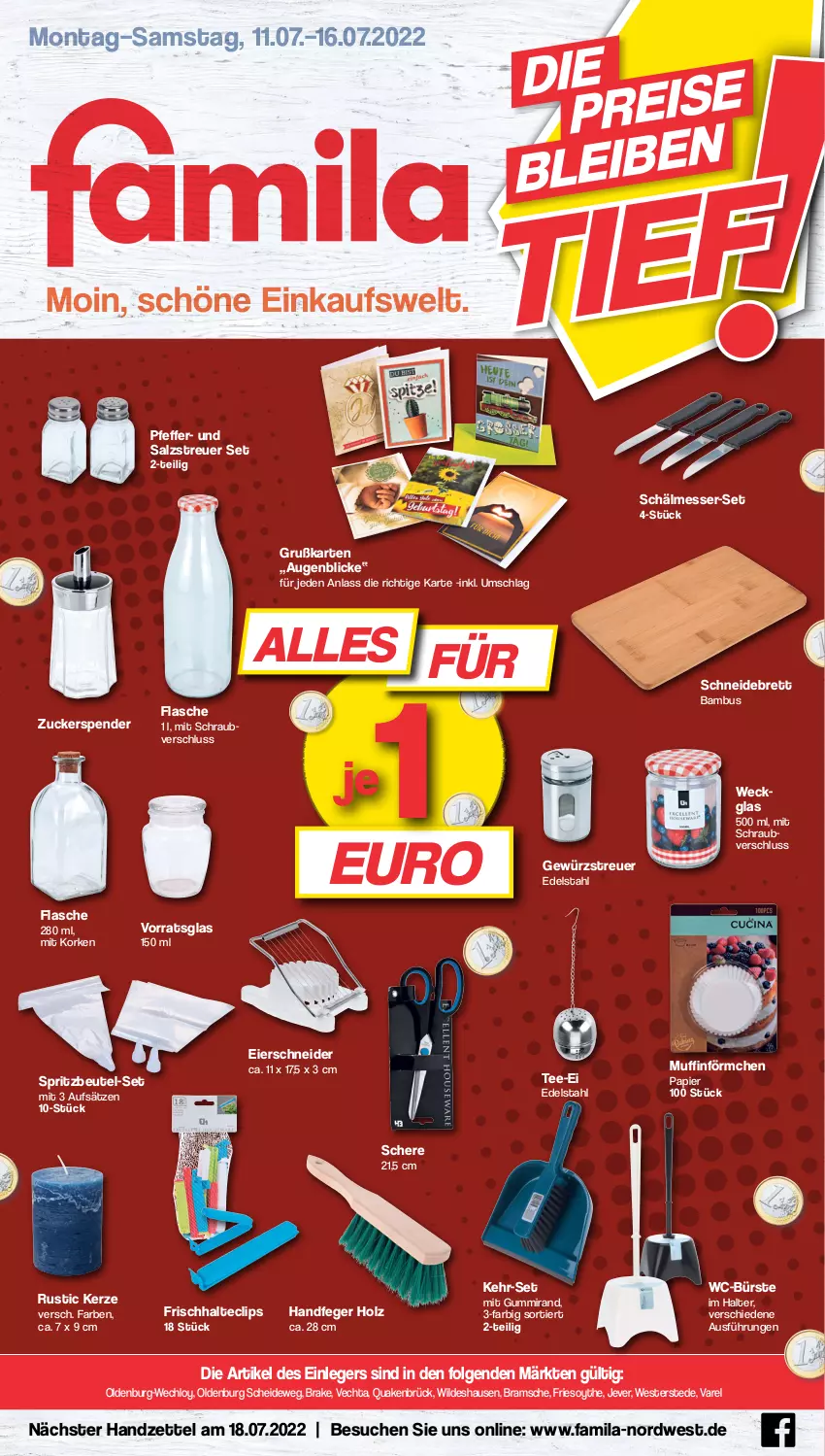 Aktueller Prospekt Famila - Prospekte - von 11.07 bis 16.07.2022 - strona 1 - produkty: bambus, beutel, bürste, edelstahl, eier, flasche, gewürz, Holz, jever, kerze, LG, messer, Muffin, papier, pfeffer, rel, salz, Schere, schneidebrett, Spritzbeutel-Set, tee, Ti, WC-Bürste, weck, Weste, Wild, zucker