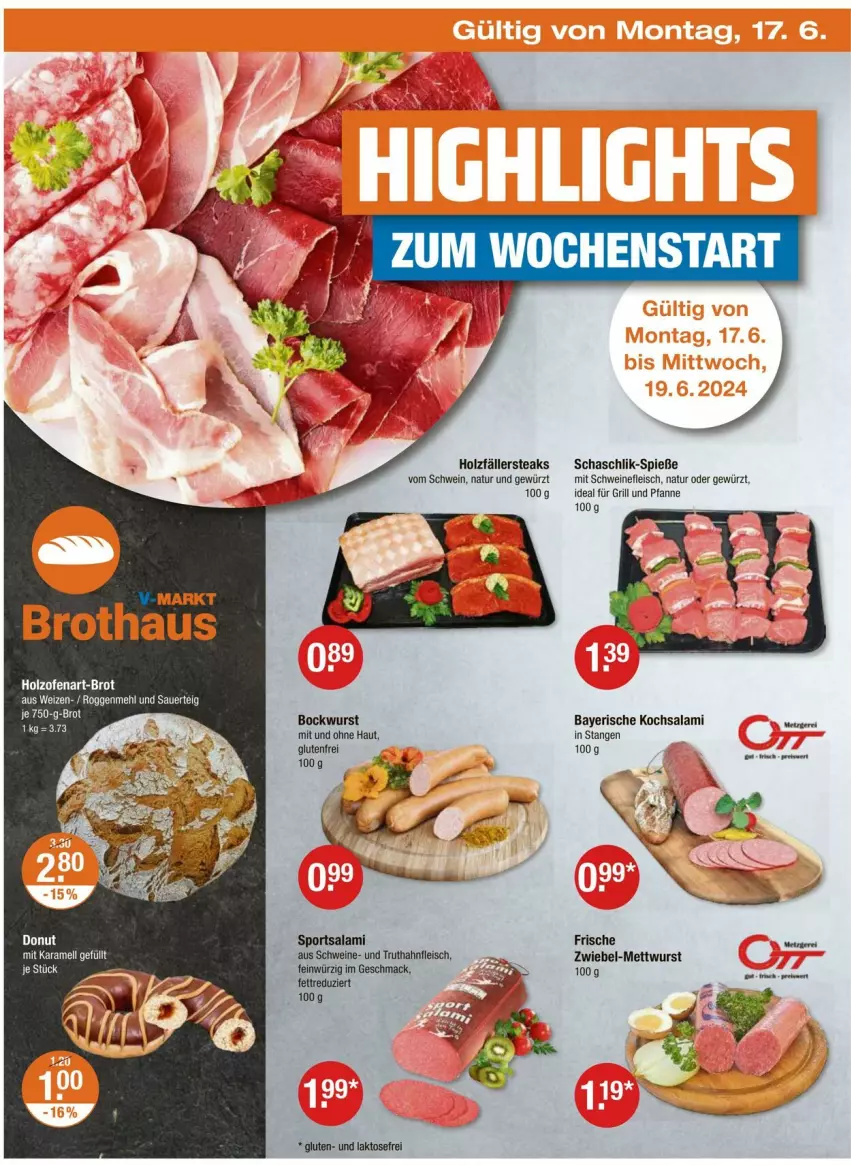 Aktueller Prospekt Vmarkt - Prospekte - von 13.06 bis 19.06.2024 - strona 18 - produkty: bockwurst, brot, eis, fleisch, für grill und pfanne, gewürz, grill, grill und pfanne, Holz, holzfällersteaks, ideal für grill, ideal für grill und pfanne, karamell, mac, Mett, mettwurst, natur, pfanne, salami, schwein, schweine, schweinefleisch, Sport, steak, steaks, truthahn, und pfanne, wein, weine, wurst, zwiebel