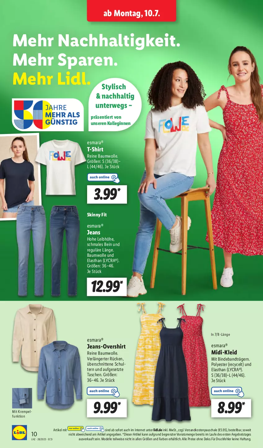 Aktueller Prospekt Lidl - Aktionsprospekt - von 10.07 bis 15.07.2023 - strona 12 - produkty: angebot, Bau, baumwolle, dell, eis, elle, esmara, gin, jeans, kleid, Mode, ndk, reine baumwolle, reis, rwe, Schal, Schale, schnitten, shirt, T-Shirt, Tasche, taschen, Ti, wolle, ZTE