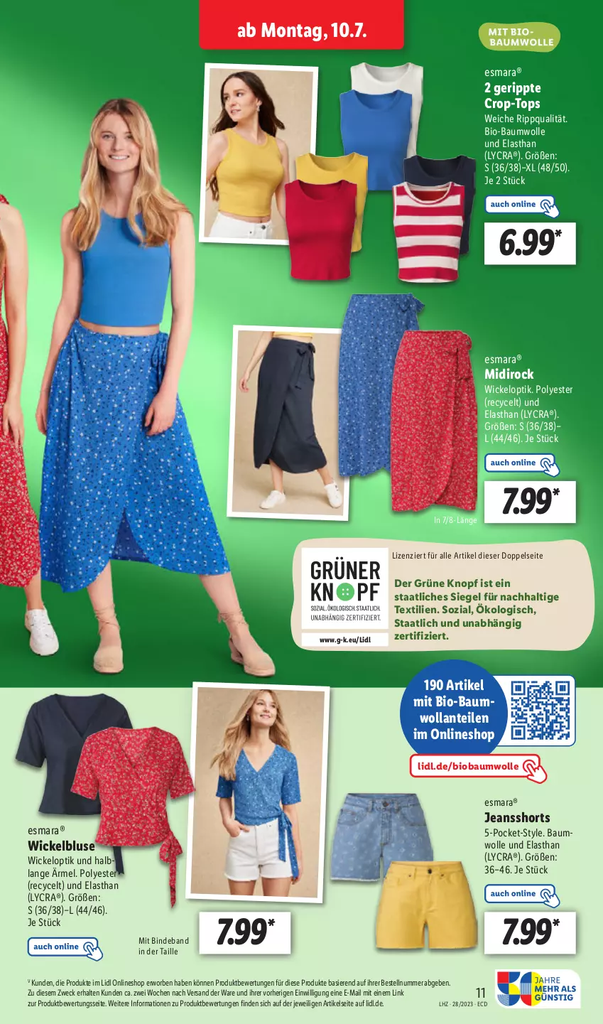 Aktueller Prospekt Lidl - Aktionsprospekt - von 10.07 bis 15.07.2023 - strona 13 - produkty: Bau, baumwolle, bio, bio-baumwolle, bluse, esmara, jeans, shorts, Ti, weck, WICK, wolle