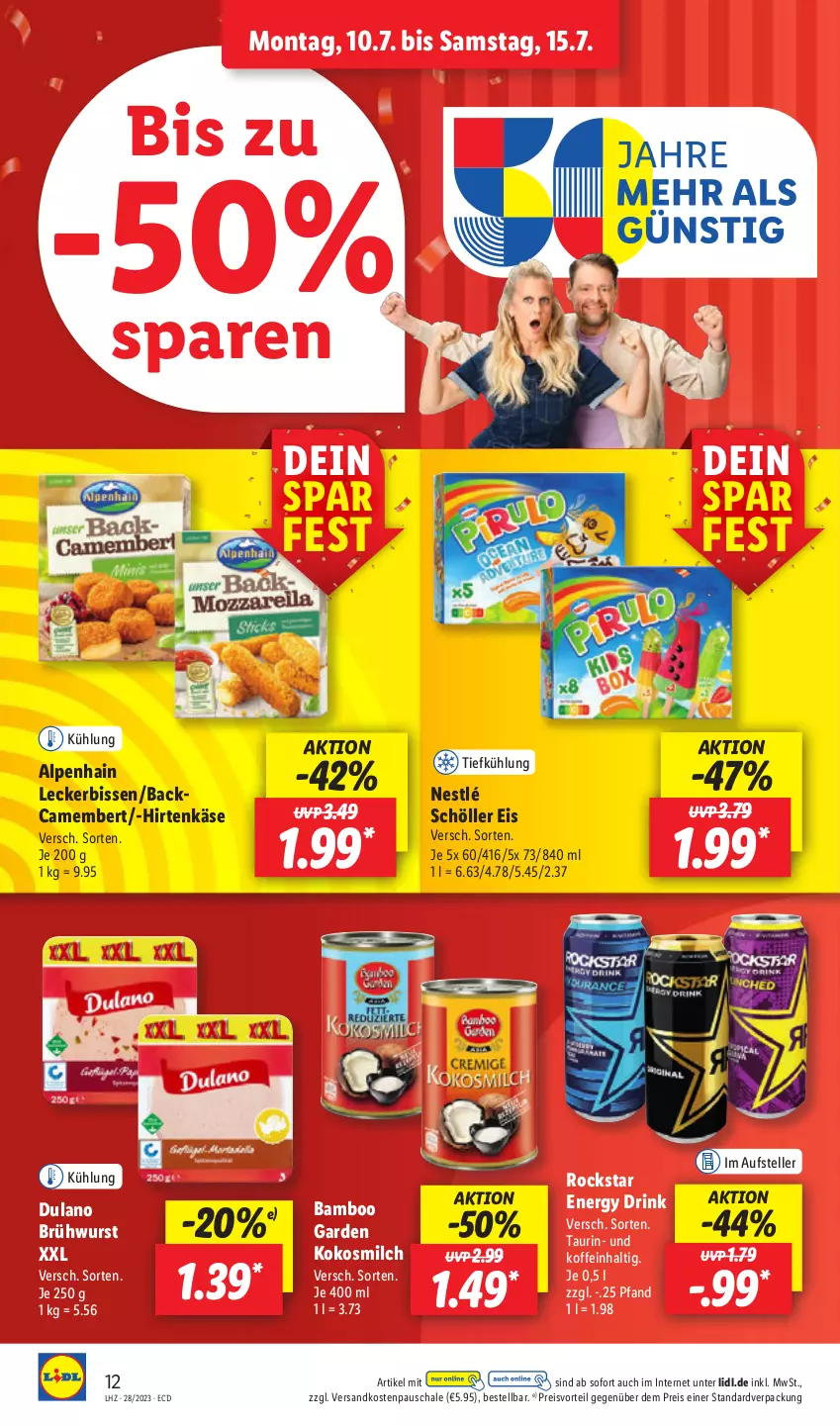 Aktueller Prospekt Lidl - Aktionsprospekt - von 10.07 bis 15.07.2023 - strona 14 - produkty: Alpenhain, bamboo, Brühwurst, camembert, drink, dulano, eis, elle, energy drink, hirtenkäse, Käse, kokos, kokosmilch, milch, ndk, nestlé, nestlé schöller, preisvorteil, reis, Rockstar, Schal, Schale, Schöller, teller, Ti, wurst