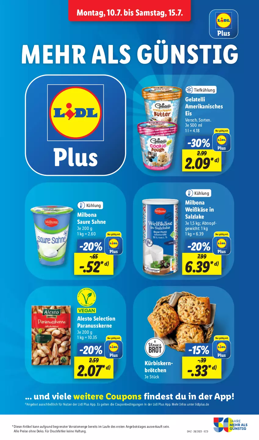 Aktueller Prospekt Lidl - Aktionsprospekt - von 10.07 bis 15.07.2023 - strona 19 - produkty: alesto, angebot, Bona, brot, brötchen, coupon, coupons, eis, Gelatelli, Käse, Kürbis, Kürbiskernbrötchen, Milbona, nuss, Paranusskerne, reis, sahne, salz, Ti, ZTE