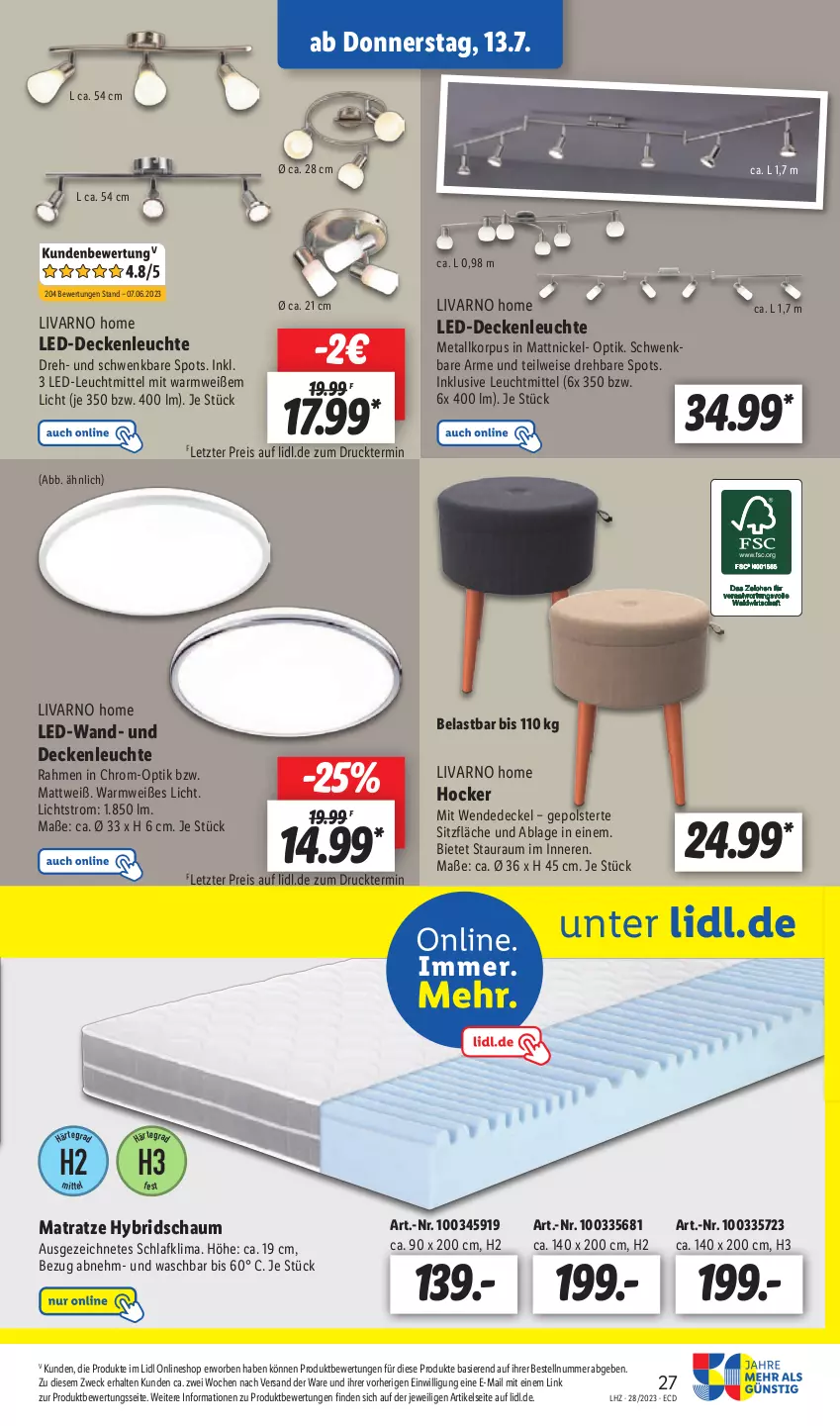 Aktueller Prospekt Lidl - Aktionsprospekt - von 10.07 bis 15.07.2023 - strona 31 - produkty: decke, Deckel, deckenleuchte, eis, hocker, led-deckenleuchte, Leuchte, leuchtmittel, matratze, reis, Ti, weck, ZTE