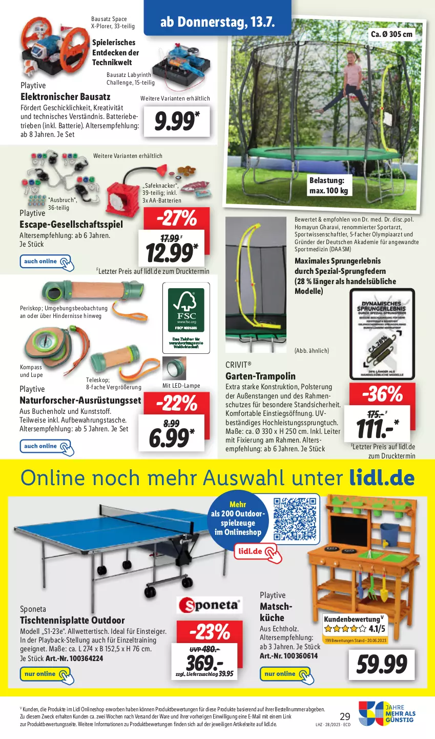 Aktueller Prospekt Lidl - Aktionsprospekt - von 10.07 bis 15.07.2023 - strona 33 - produkty: AA-Batterien, aufbewahrungstasche, batterie, batterien, Bau, buch, Cap, crivit, decke, dell, eis, Elektro, elle, Garten, Gesellschaftsspiel, Holz, knacker, küche, Lampe, latte, Mode, natur, reis, Ria, Spezi, Spiele, spielzeug, Sport, Tasche, Teleskop, Ti, tisch, Trampolin, tuc, usb, weck, Zelt, ZTE