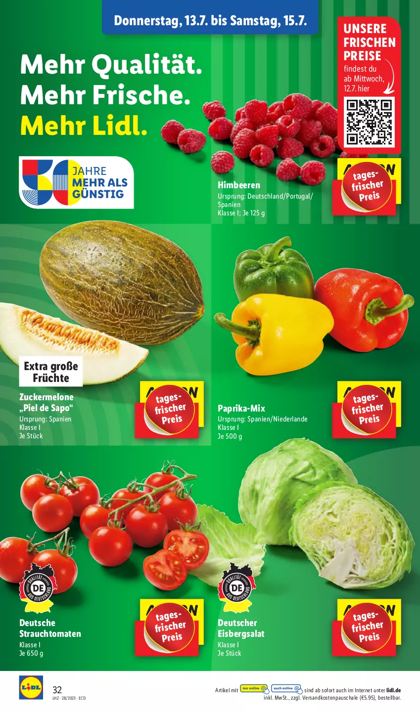 Aktueller Prospekt Lidl - Aktionsprospekt - von 10.07 bis 15.07.2023 - strona 38 - produkty: beere, beeren, eis, eisbergsalat, früchte, himbeer, himbeere, himbeeren, melone, ndk, paprika, Rauch, reis, salat, Schal, Schale, strauchtomaten, Ti, tomate, tomaten, zucker, Zuckermelone