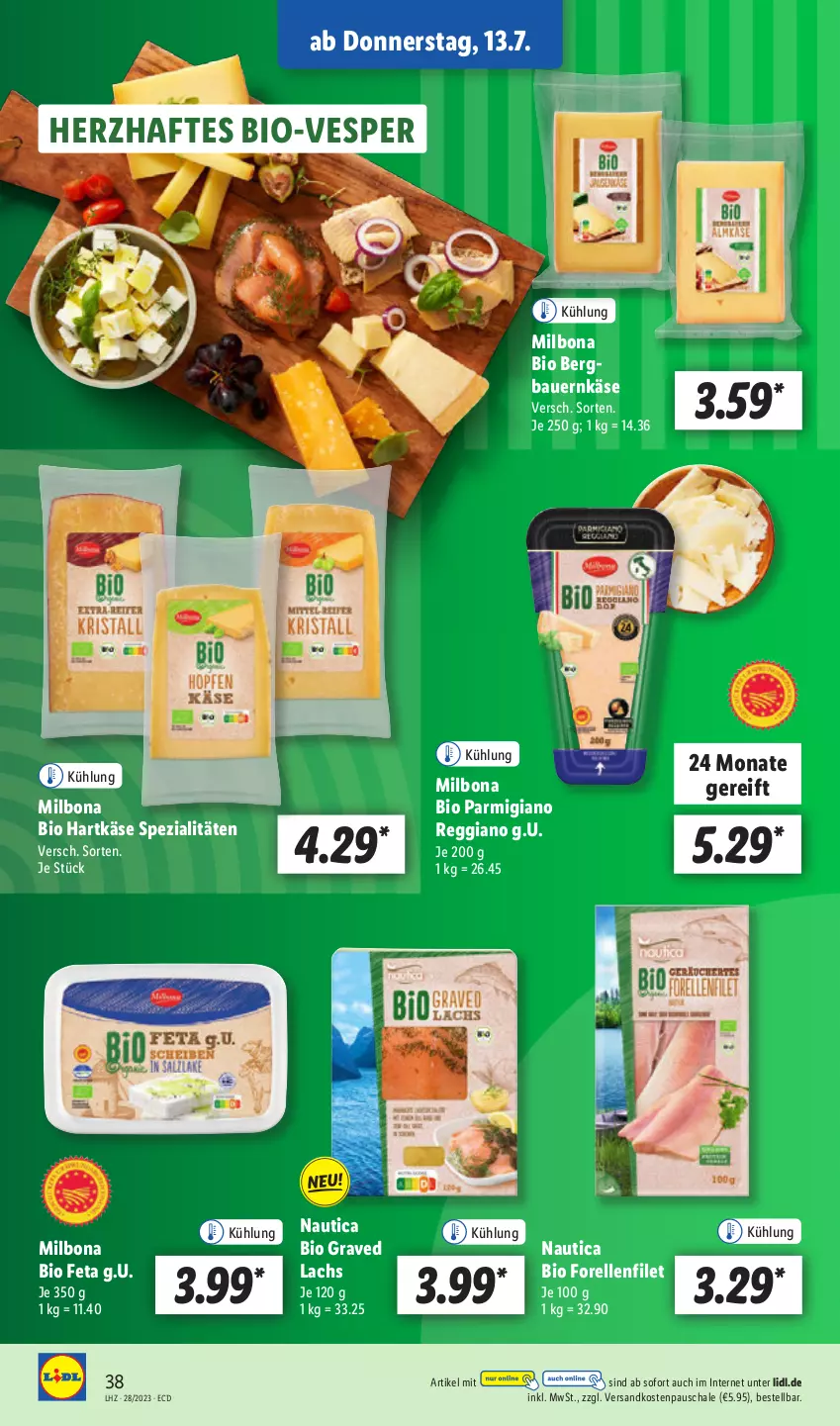 Aktueller Prospekt Lidl - Aktionsprospekt - von 10.07 bis 15.07.2023 - strona 44 - produkty: auer, Bau, Bauer, bio, Bona, elle, feta, filet, forelle, Graved Lachs, hartkäse, Käse, lachs, Milbona, ndk, parmigiano, parmigiano reggiano, reggiano, rel, Schal, Schale, Spezi, Ti