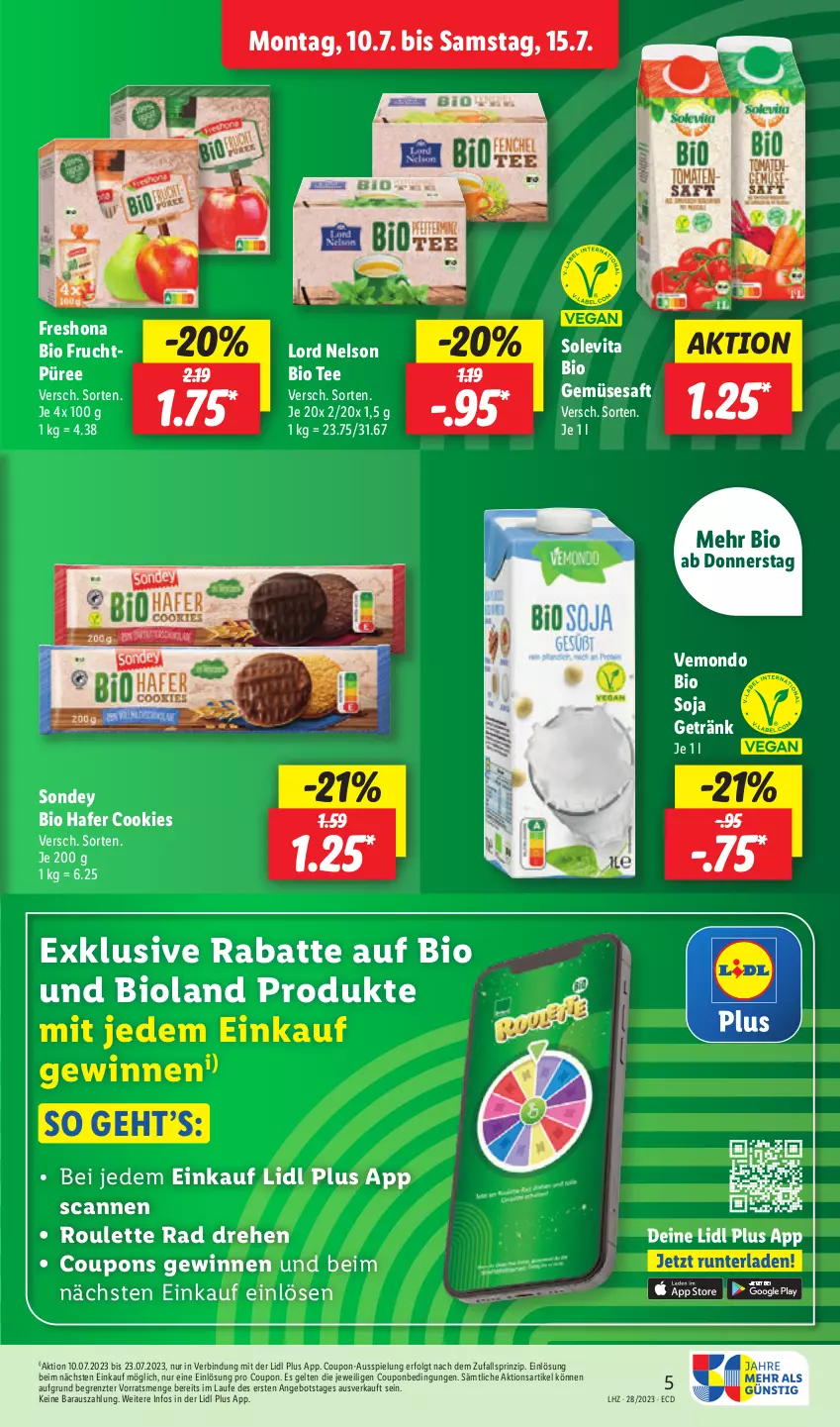 Aktueller Prospekt Lidl - Aktionsprospekt - von 10.07 bis 15.07.2023 - strona 5 - produkty: angebot, bio, bio gemüse, bioland, cookie, cookies, coupon, coupons, frucht, getränk, hafer, LG, püree, saft, soja, Sondey, tee, Ti, vita, ZTE