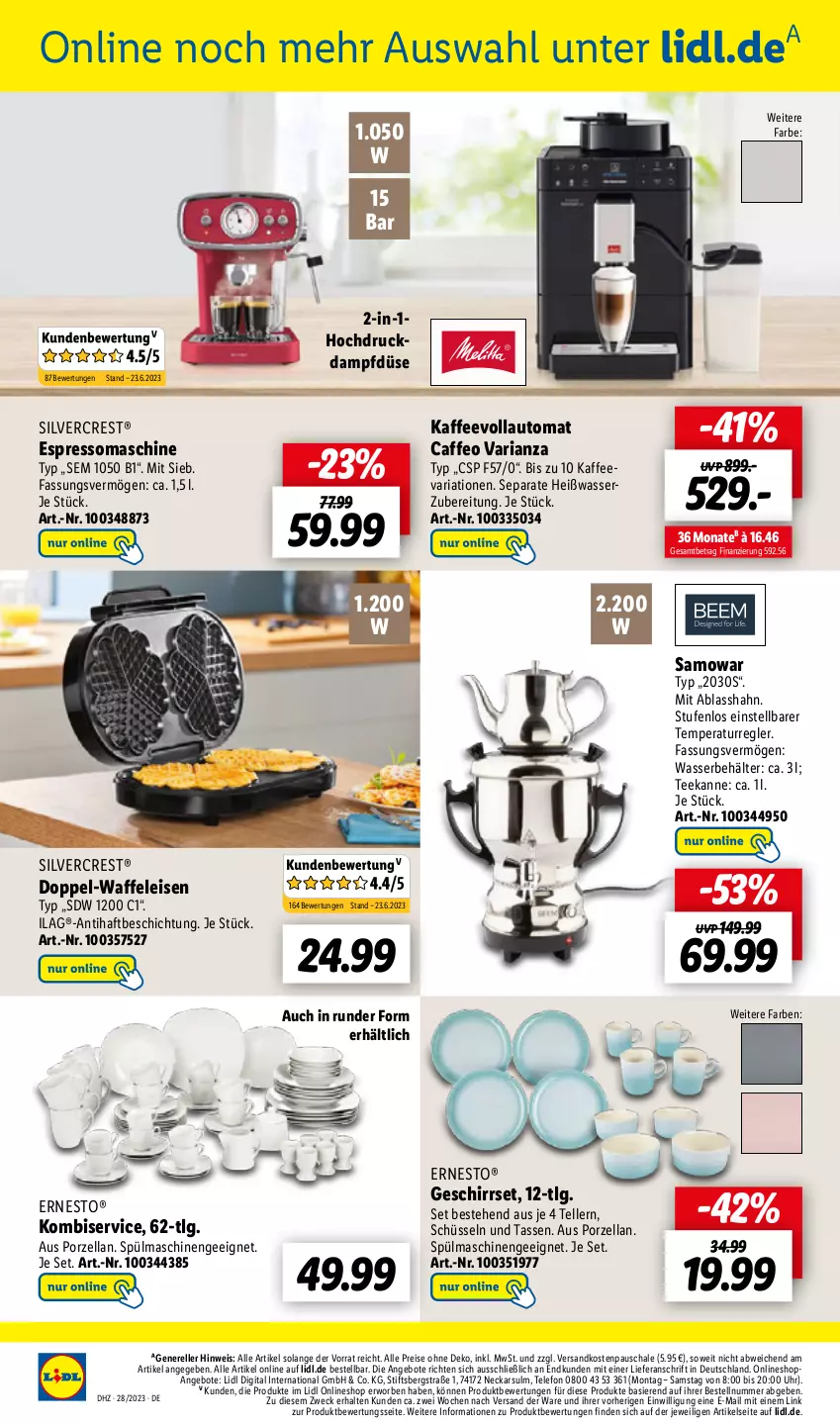 Aktueller Prospekt Lidl - Aktionsprospekt - von 10.07 bis 15.07.2023 - strona 52 - produkty: angebot, angebote, auto, Behälter, caffe, eis, elle, ernesto, espresso, geschirr, ilag, kaffee, kaffeevollautomat, Kombiservice, LG, ndk, reis, rel, Ria, Schal, Schale, schüssel, silvercrest, spülmaschinen, tasse, tee, teekanne, telefon, teller, Ti, uhr, Waffeleisen, wasser, weck