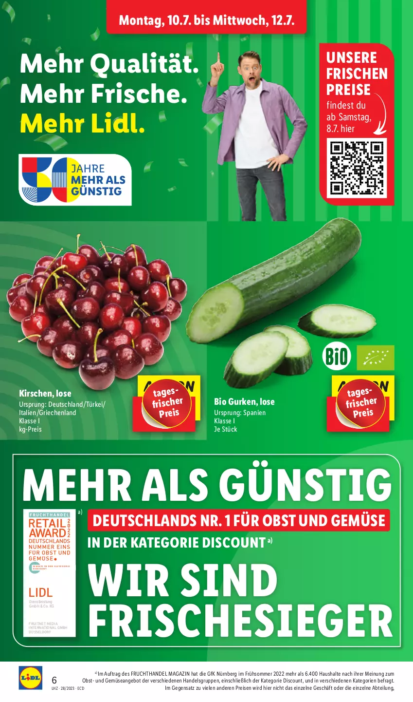 Aktueller Prospekt Lidl - Aktionsprospekt - von 10.07 bis 15.07.2023 - strona 6 - produkty: Abtei, angebot, bio, bio gurken, discount, eis, ente, frucht, gurke, gurken, kirsch, kirsche, kirschen, magazin, obst, Obst und Gemüse, reis, Ti, und gemüse