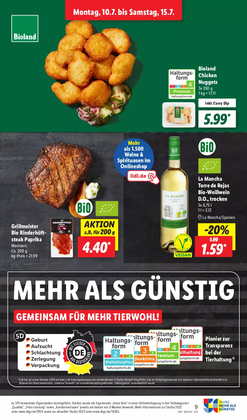 Aktueller Prospekt Lidl - Aktionsprospekt - von 10.07 bis 15.07.2023 - strona 9 - produkty: bio, bioland, brot, chicken nuggets, curry, dell, dip, eis, elle, grill, hüftsteak, lebensmittel, Meister, Mode, nuggets, paprika, reifen, reis, rind, rinder, spirituosen, steak, Ti, wein, weine, Weißwein