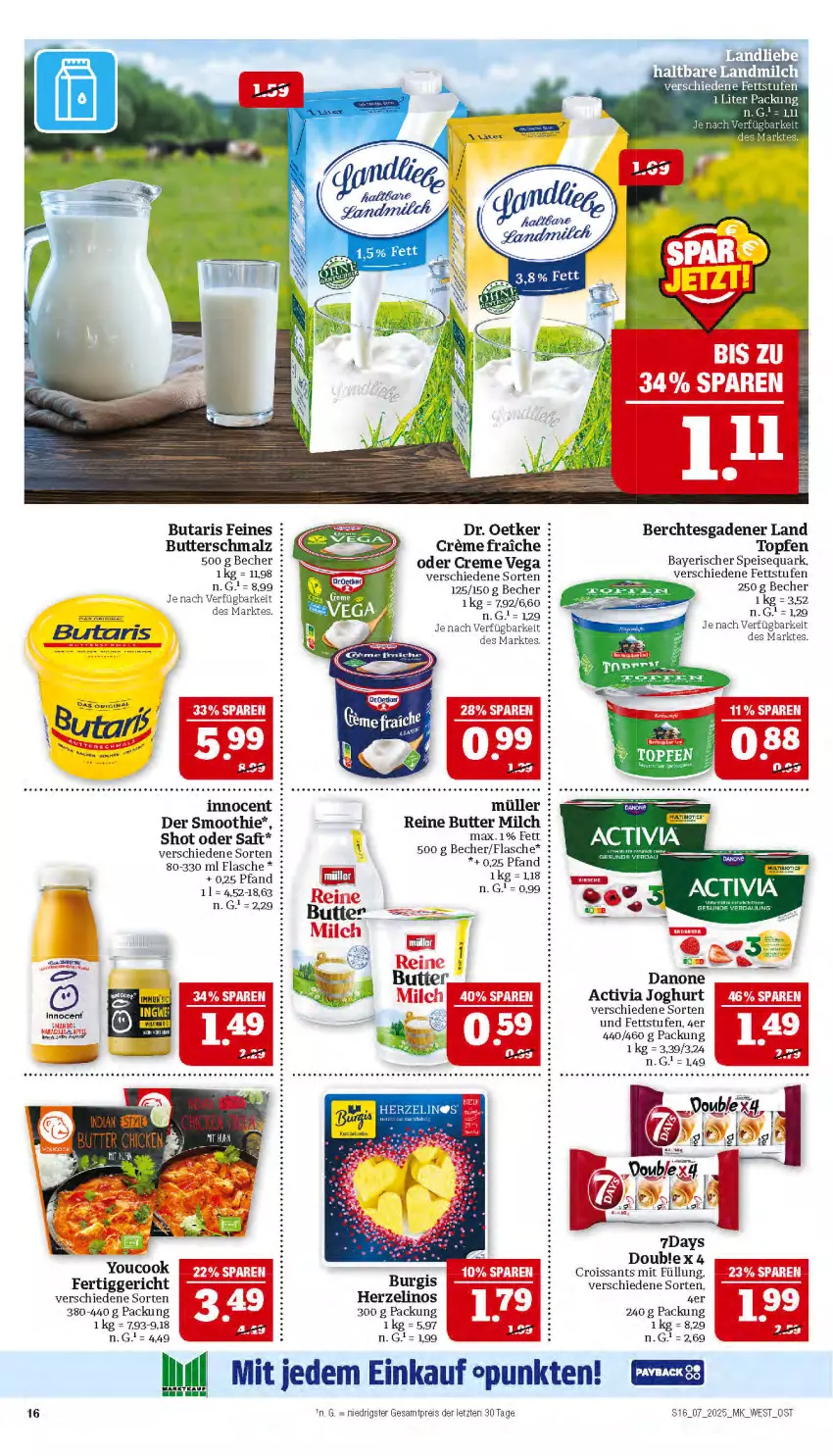 Aktueller Prospekt Marktkauf - Prospekt - von 09.02 bis 15.02.2025 - strona 16 - produkty: activia, activia joghurt, Becher, butter, Butterschmalz, creme, Croissant, croissants, danone, danone activia, Dr. Oetker, eis, elle, fertiggericht, flasche, Innocent, joghur, joghurt, landmilch, mac, malz, milch, Müller, quark, reis, Schmalz, smoothie, speisequark, Ti, topf, Topfen, Yo, YouCook, ZTE