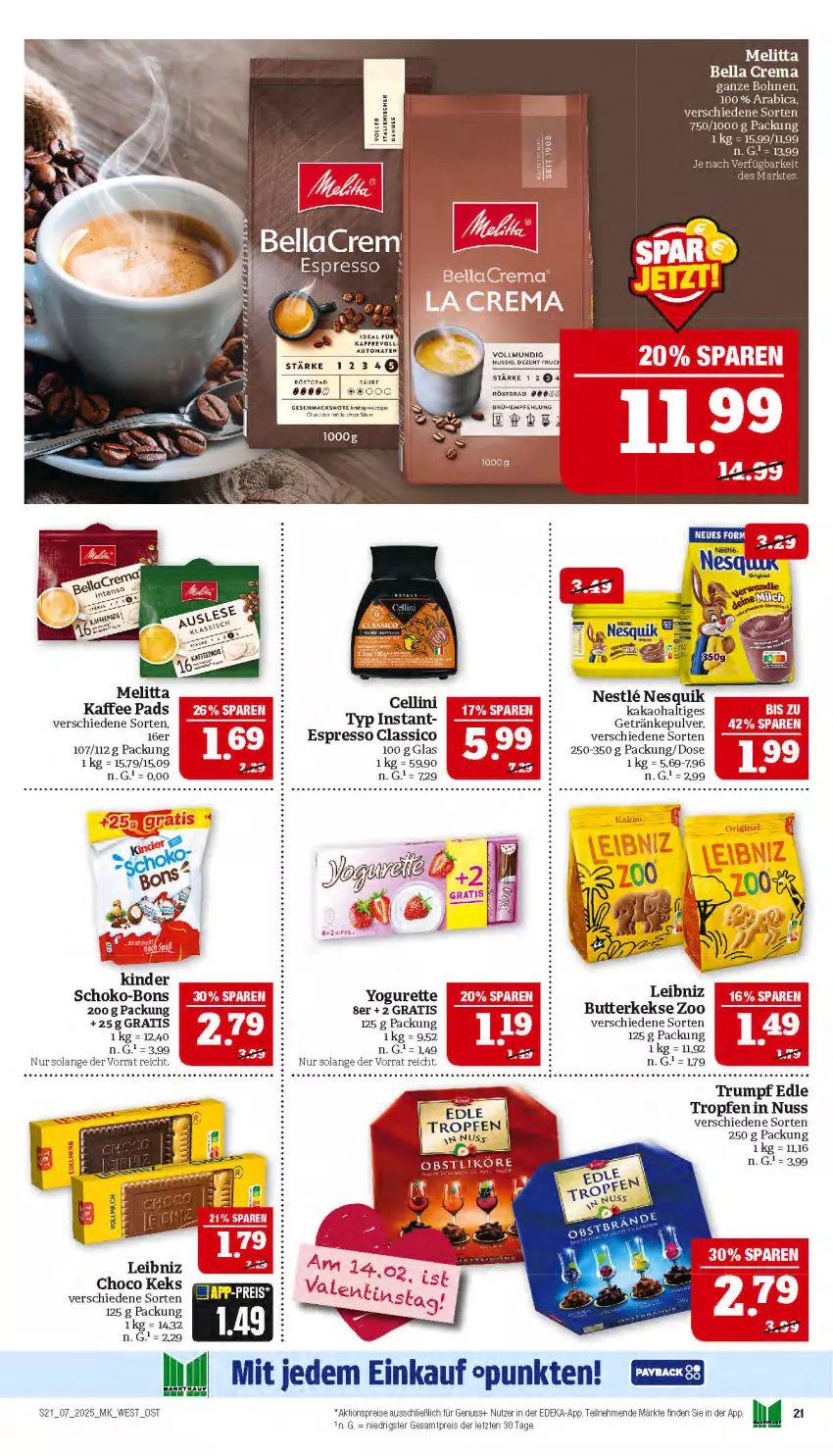 Aktueller Prospekt Marktkauf - Prospekt - von 09.02 bis 15.02.2025 - strona 21 - produkty: aktionspreis, auto, bella crema, bohne, bohnen, Brühe, butter, butterkeks, classico, deka, eis, espresso, getränk, getränke, getränkepulver, kaffee, kakao, keks, kekse, leibniz, melitta, nesquik, nuss, reis, rum, schoko, schoko-bons, Ti, Yo, yogurette, ZTE