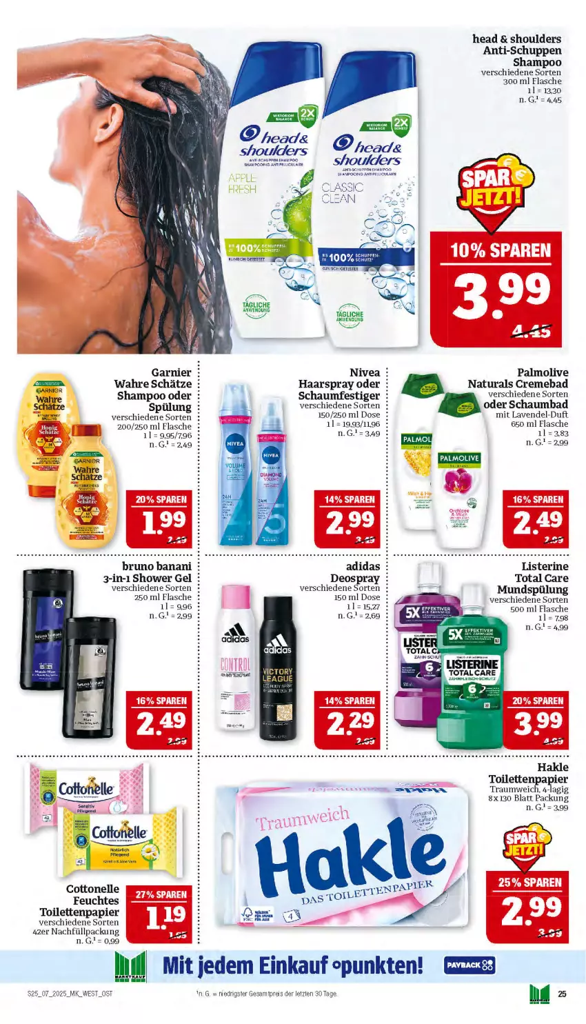 Aktueller Prospekt Marktkauf - Prospekt - von 09.02 bis 15.02.2025 - strona 25 - produkty: Adidas, Bad, bruno banani, cottonelle, creme, deo, deospray, eis, elle, feuchtes toilettenpapier, flasche, garnier, haarspray, hakle, hakle toilettenpapier, lavendel, Liege, listerine, mundspülung, natur, natura, nivea, olive, palmolive, papier, Rana, reis, schaumbad, schaumfestiger, shampoo, spülung, Ti, toilettenpapier, total care, Wahre Schätze, ZTE