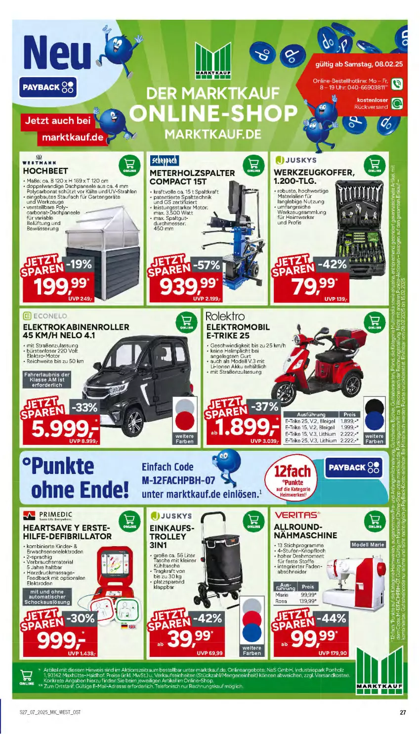 Aktueller Prospekt Marktkauf - Prospekt - von 09.02 bis 15.02.2025 - strona 27 - produkty: akku, auto, Bau, bett, Bona, bürste, bürsten, dell, deo, eis, Elektro, Garten, HP, Kinder, kraft, kühltasche, leine, LG, messer, Mode, Nähmaschine, paneel, payback, Rauch, Ria, Roller, Tasche, Ti, tisch, trolley, uhr, werkzeug, werkzeuge